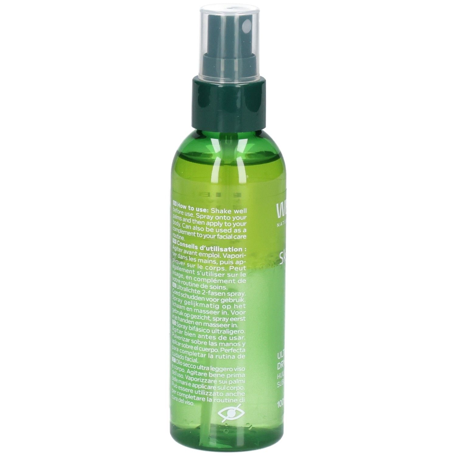 Arrière du flacon pulvérisateur WELEDA Skin Food Ultra-Light Dry Oil avec instructions d'utilisation.