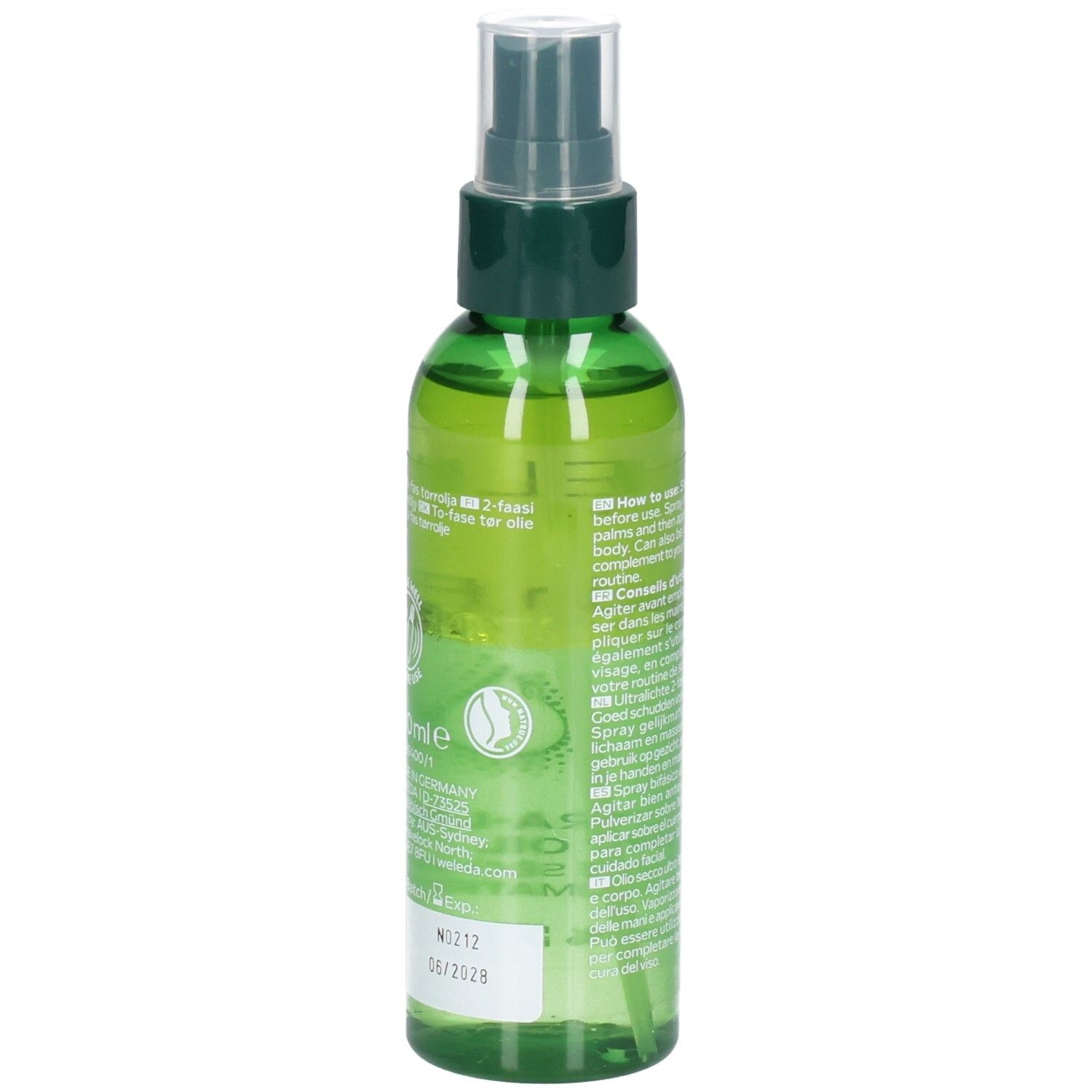 Arrière du flacon pulvérisateur WELEDA Skin Food Ultra-Light Dry Oil avec sceaux et numéro de lot.