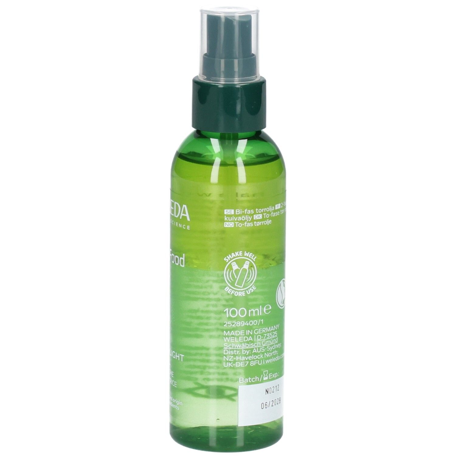 Arrière du flacon pulvérisateur WELEDA Skin Food Ultra-Light Dry Oil avec indication de taille et détails de fabrication.