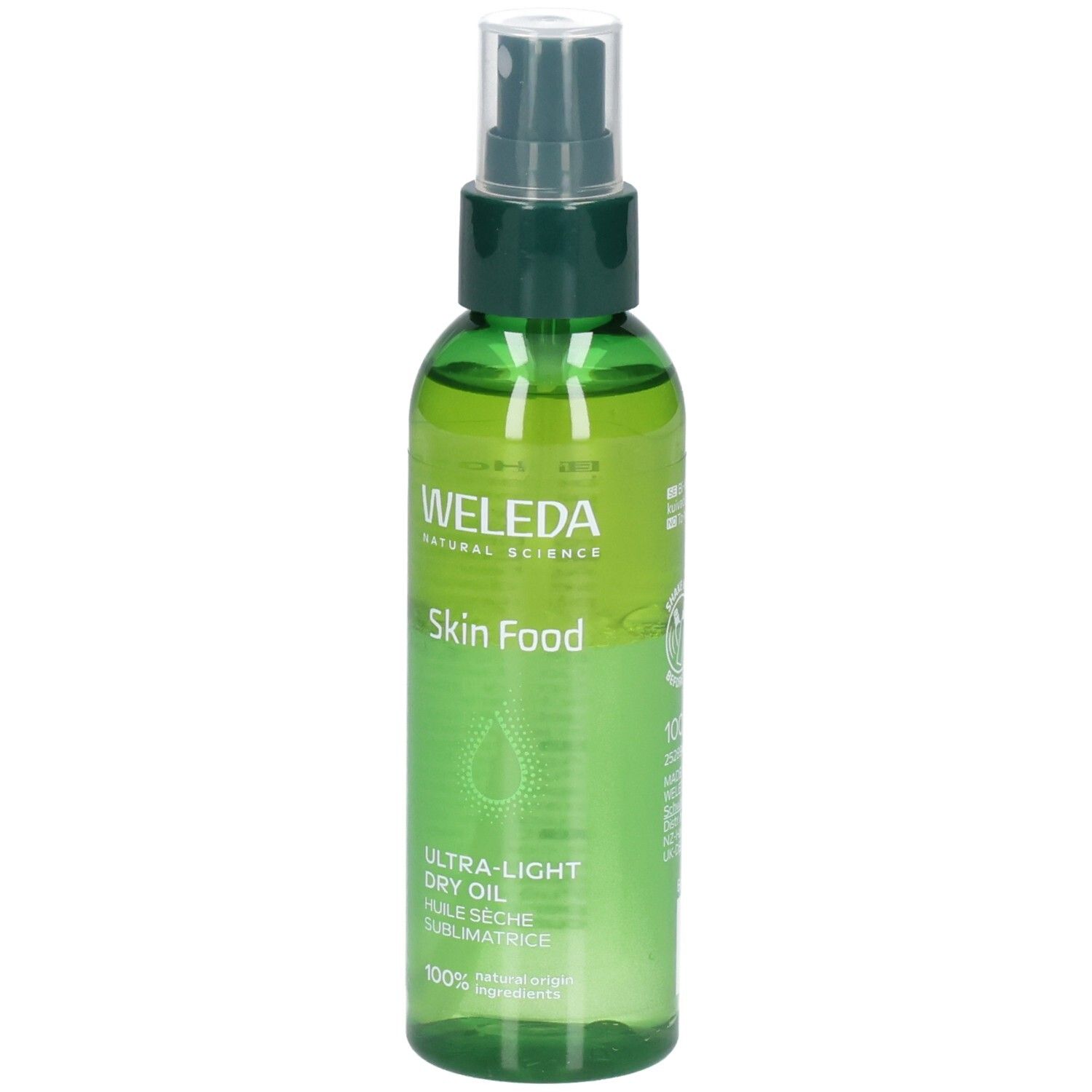 Flacon pulvérisateur vert avec WELEDA Skin Food Ultra-Light Dry Oil, vue de face.