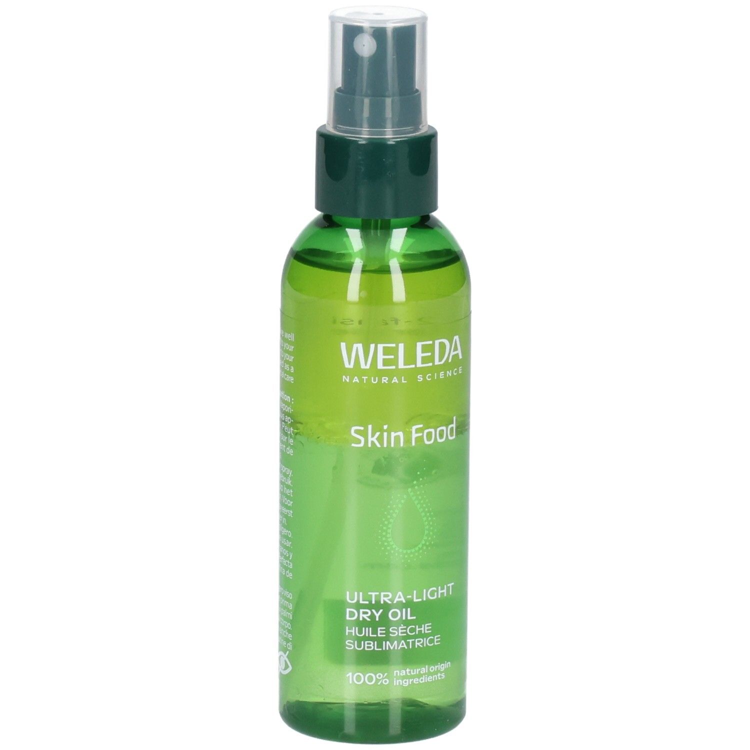 Flacon pulvérisateur vert avec WELEDA Skin Food Ultra-Light Dry Oil, vue légèrement de côté.