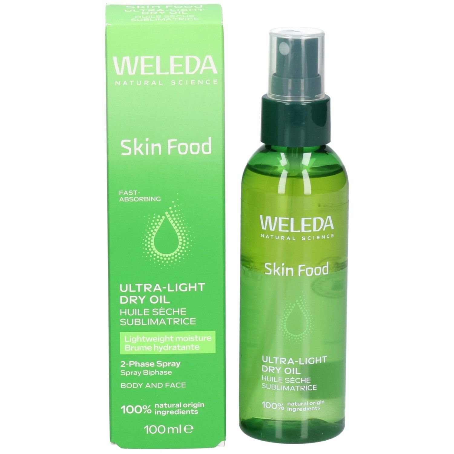 Flacon pulvérisateur WELEDA Skin Food Ultra-Light Dry Oil et sa boîte d'emballage.