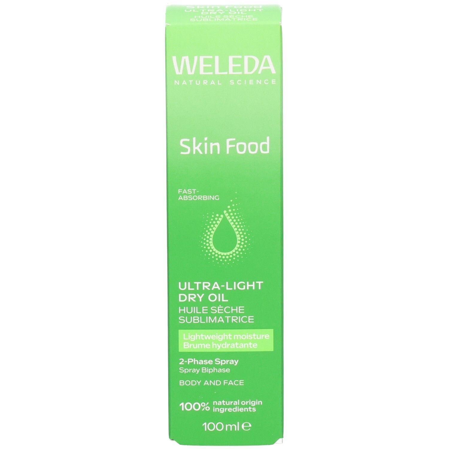 Boîte d'emballage pour WELEDA Skin Food Ultra-Light Dry Oil, face avant.