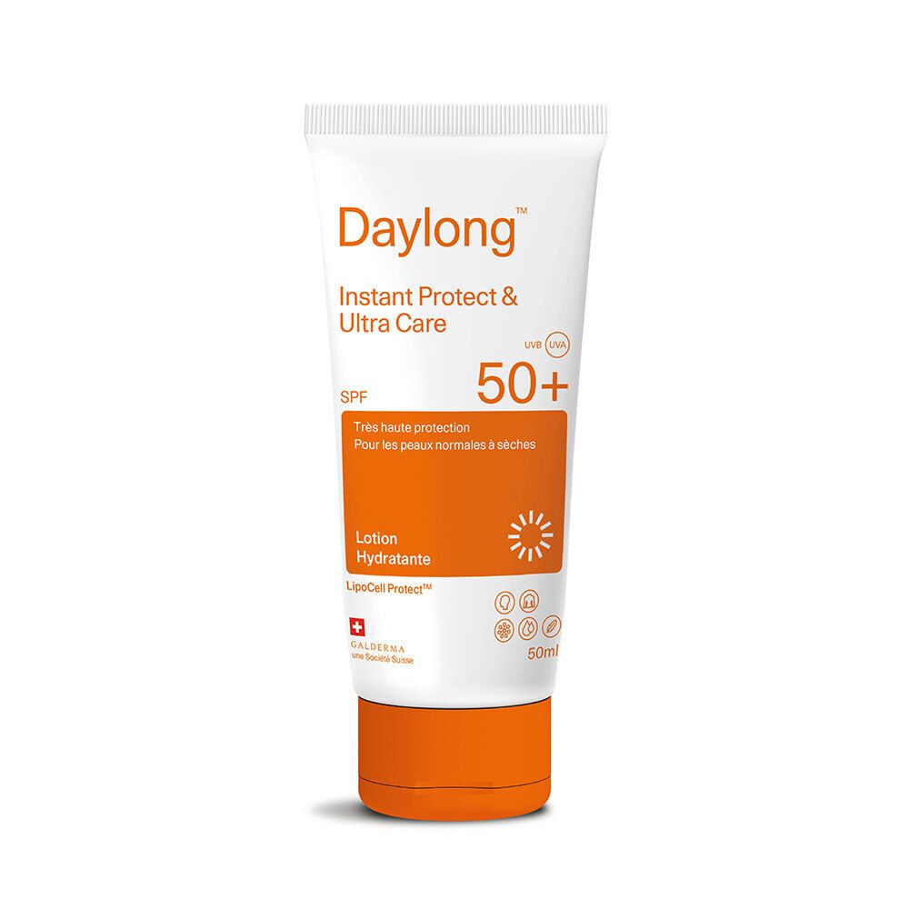 Lotion solaire Daylong SPF50+ en tube blanc à bouchon orange. 50ml.