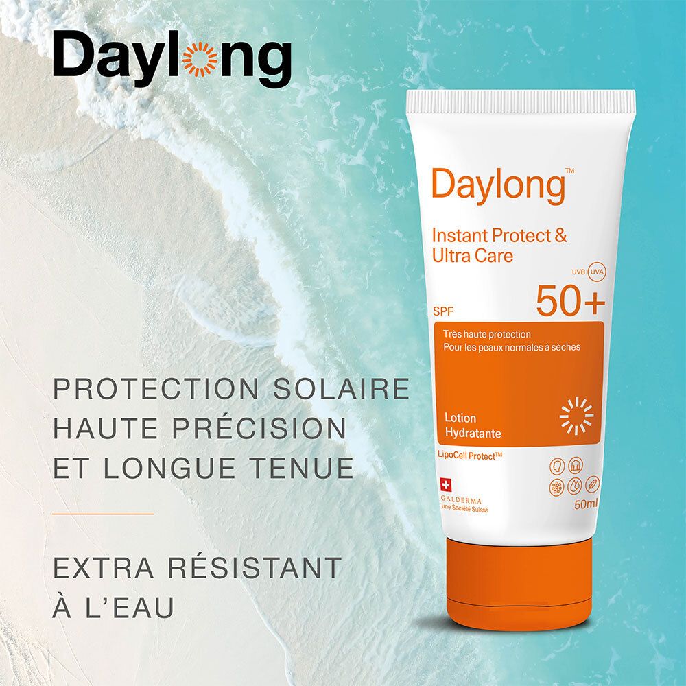 Lotion solaire Daylong SPF50+ sur fond de plage. Haute protection, résistant à l'eau.