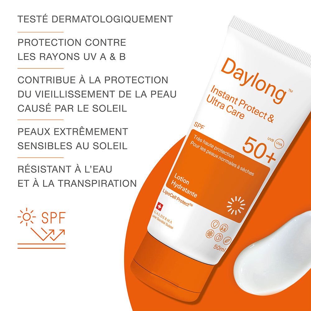 Lotion solaire Daylong SPF50+. Testée dermatologiquement, protection UV A/B, hydratante.