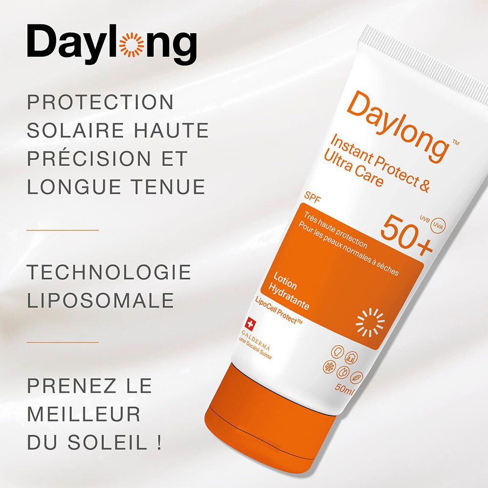 Lotion solaire Daylong SPF50+. Technologie liposomale, haute protection, hydratation 24h.