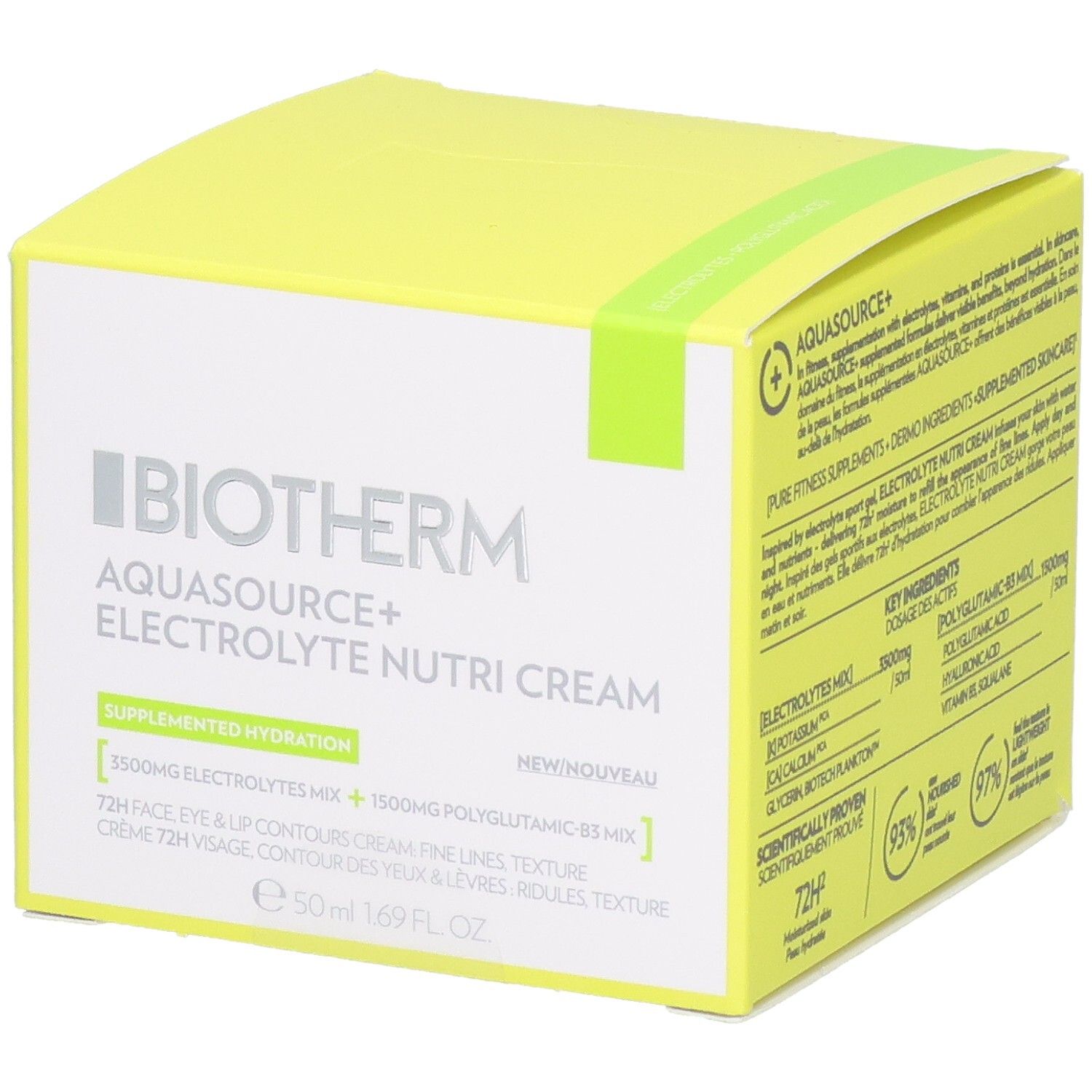 Emballage BIOTHERM AQUASOURCE+ Electrolyte Nutri Cream avec informations produit.