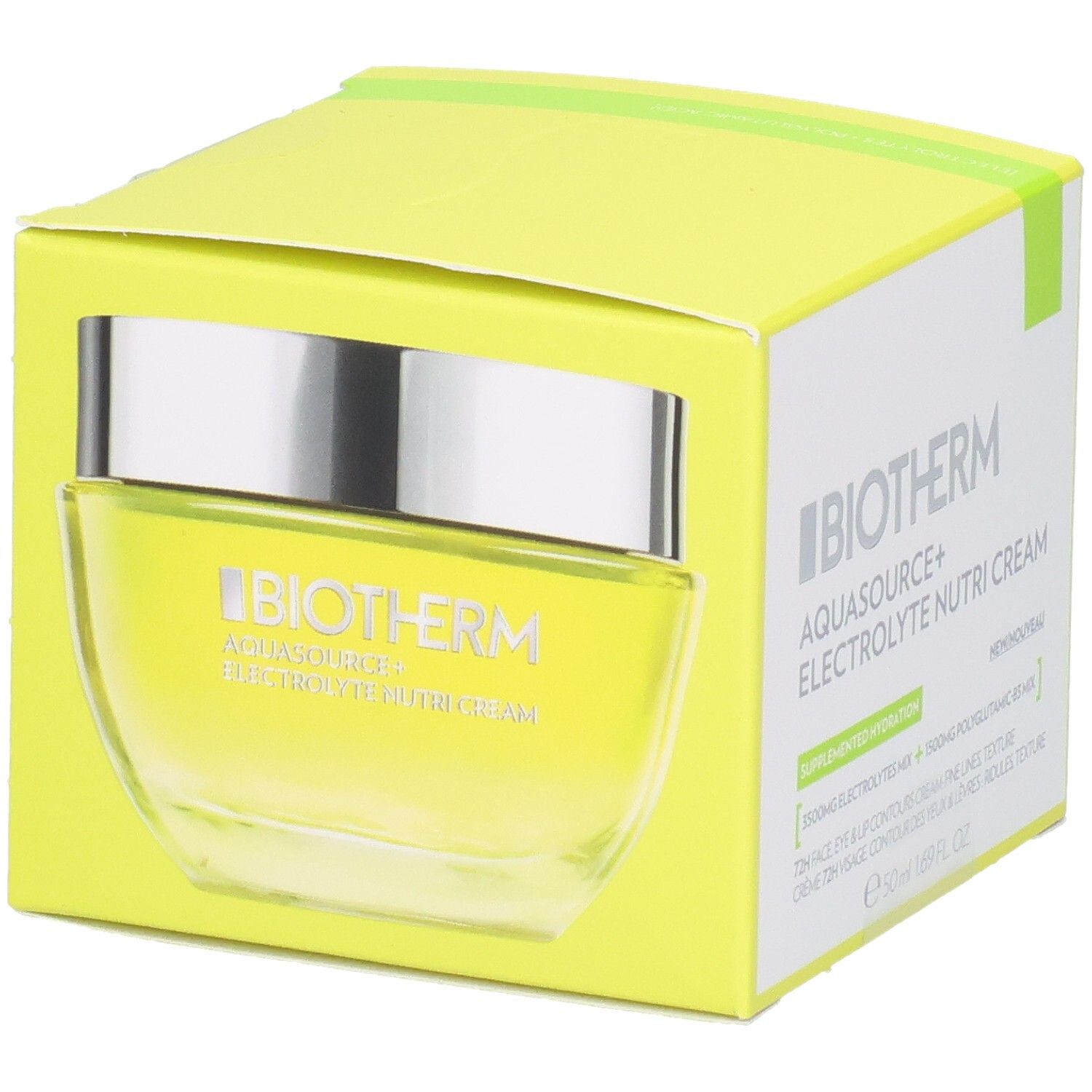 BIOTHERM AQUASOURCE+ Electrolyte Nutri Cream dans son emballage jaune, pot en verre visible.