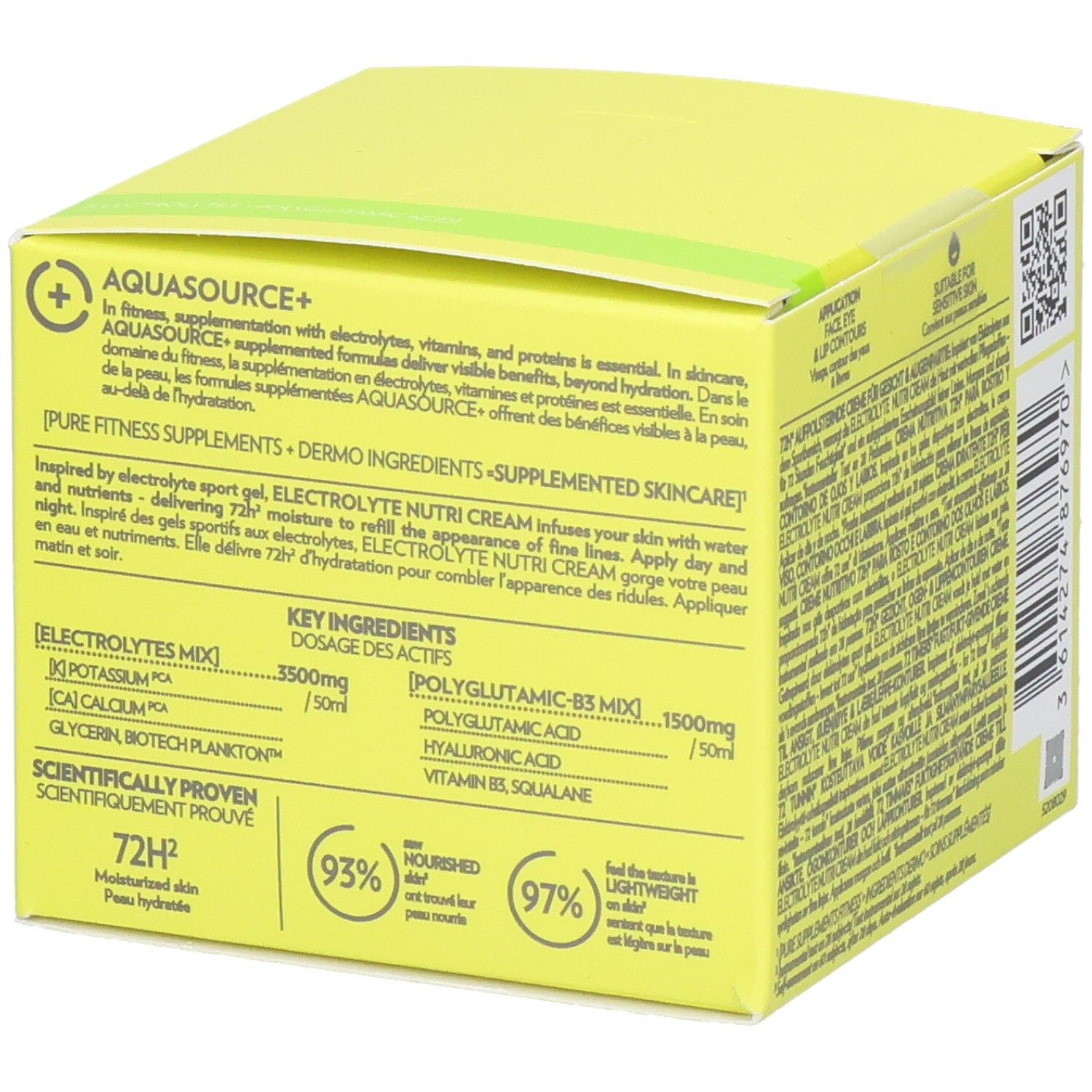 Emballage BIOTHERM AQUASOURCE+ Electrolyte Nutri Cream avec ingrédients et sceaux.