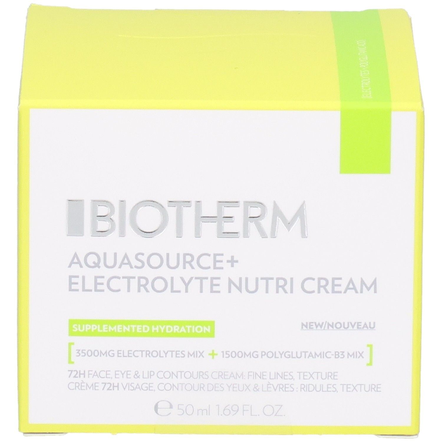 Avant de l'emballage BIOTHERM AQUASOURCE+ Electrolyte Nutri Cream, nom du produit visible.
