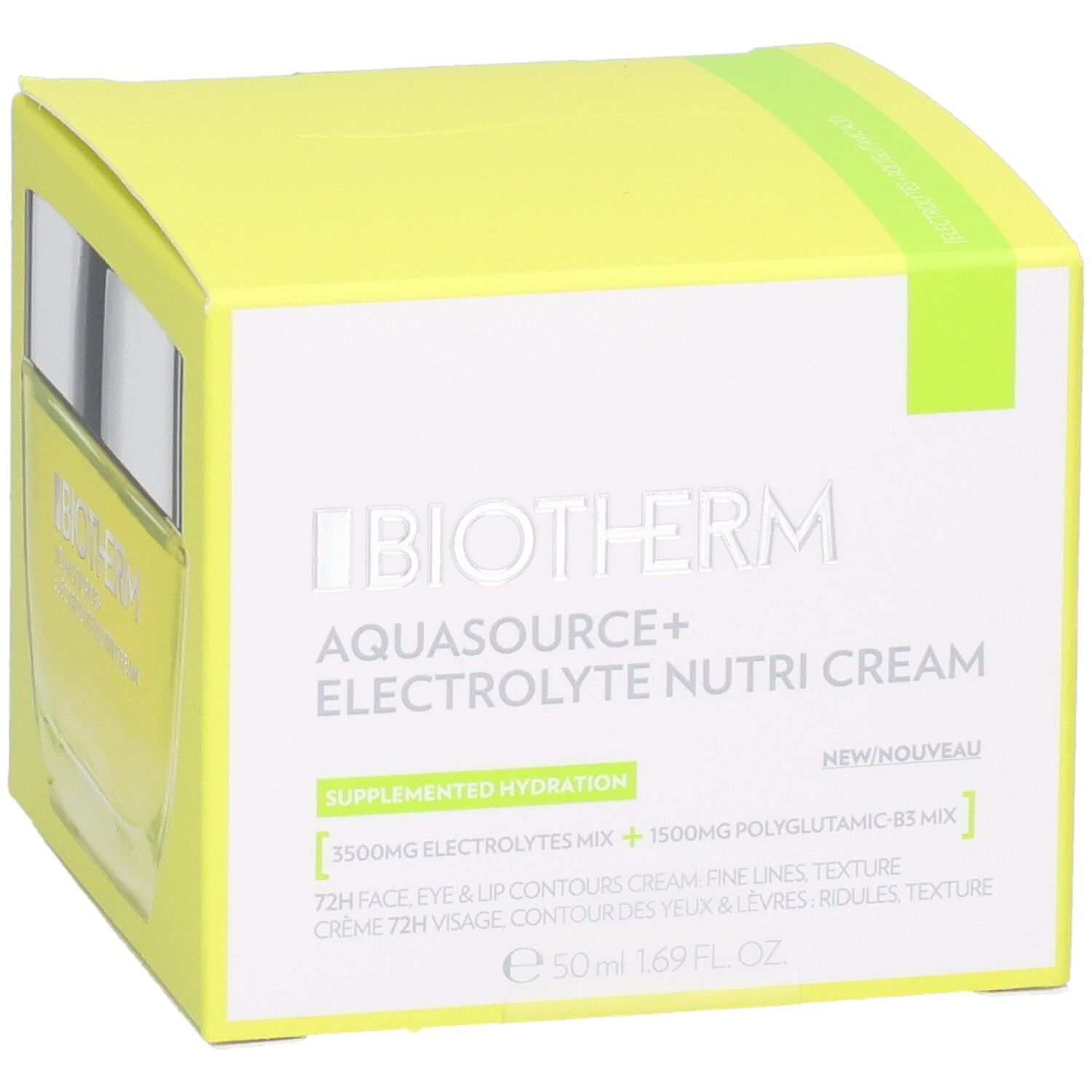 BIOTHERM AQUASOURCE+ Electrolyte Nutri Cream dans son emballage jaune, pot en verre et nom du produit visibles.