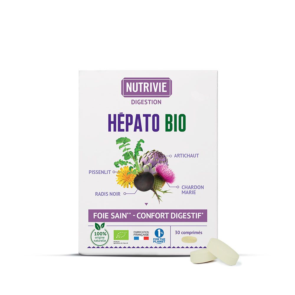 Boîte Nutrivie Hépato Bio avec illustration de plantes et 30 comprimés.