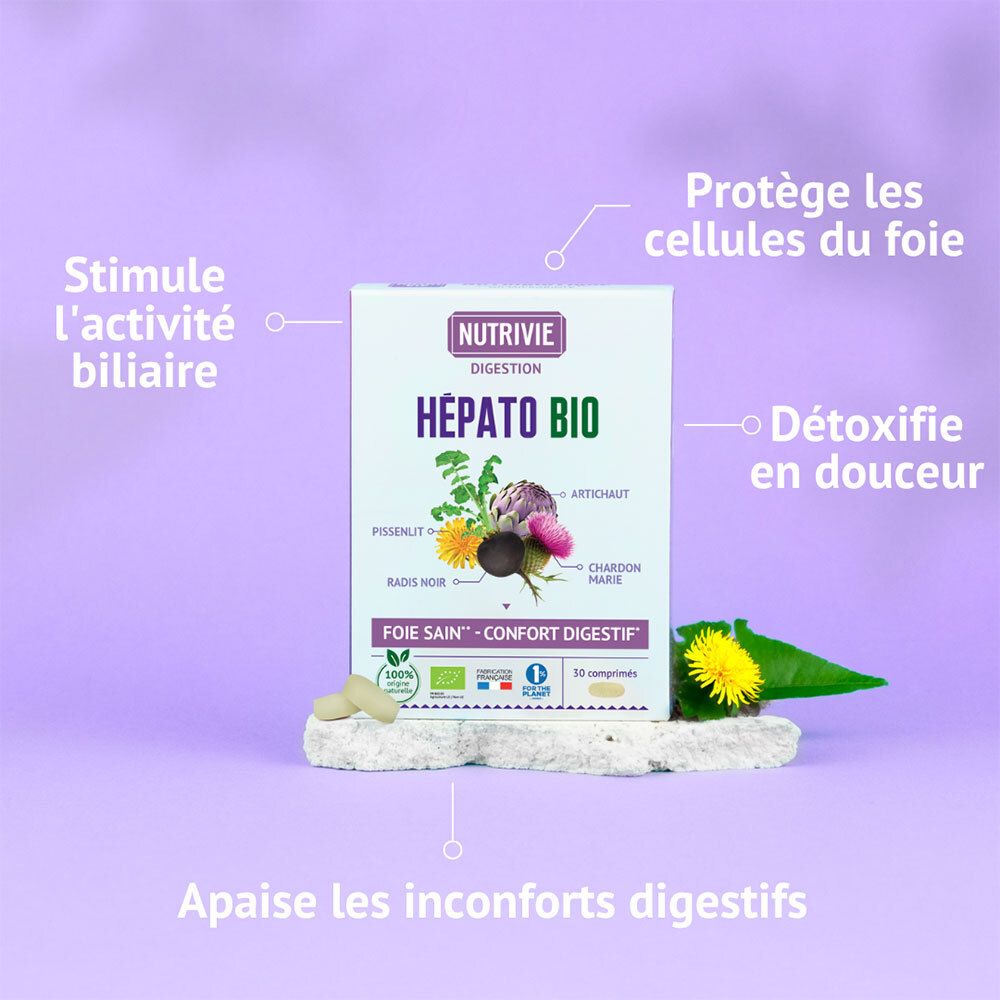 Boîte Nutrivie Hépato Bio avec illustration de plantes, sur fond violet avec texte.