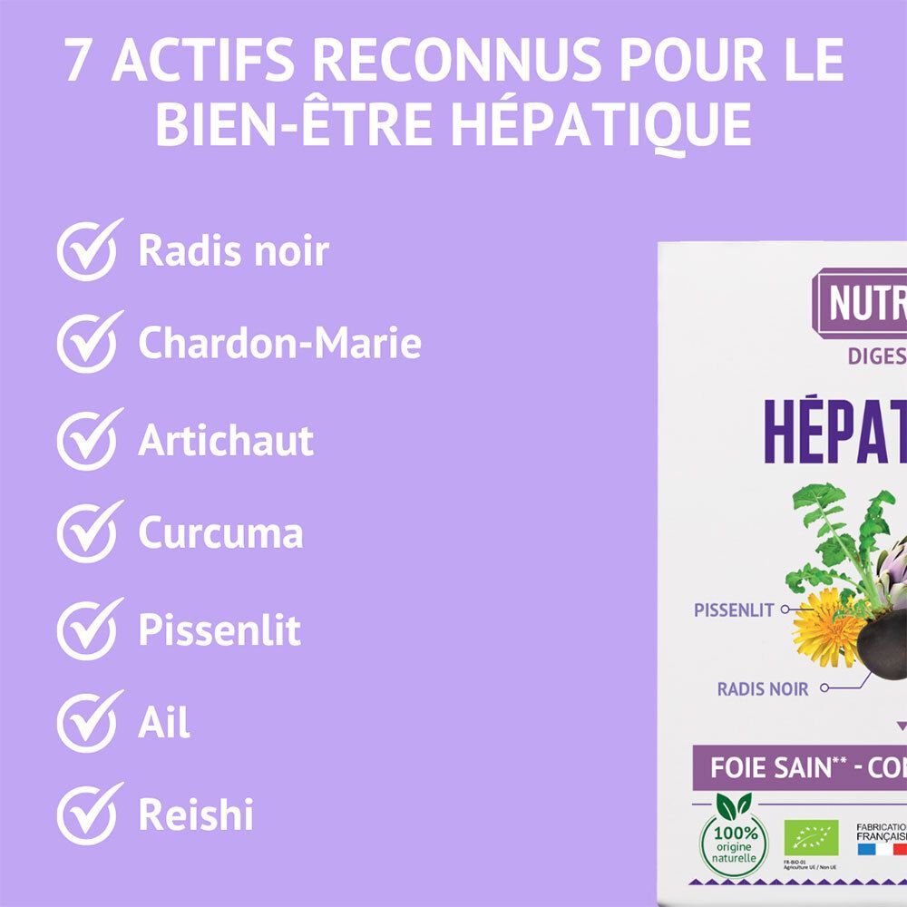 Boîte Nutrivie Hépato Bio avec liste de 7 actifs pour le bien-être hépatique.