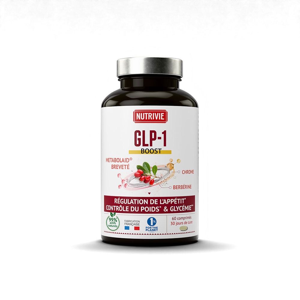 Flacon Nutrivie GLP-1 Boost avec étiquette détaillant les ingrédients et les bénéfices.