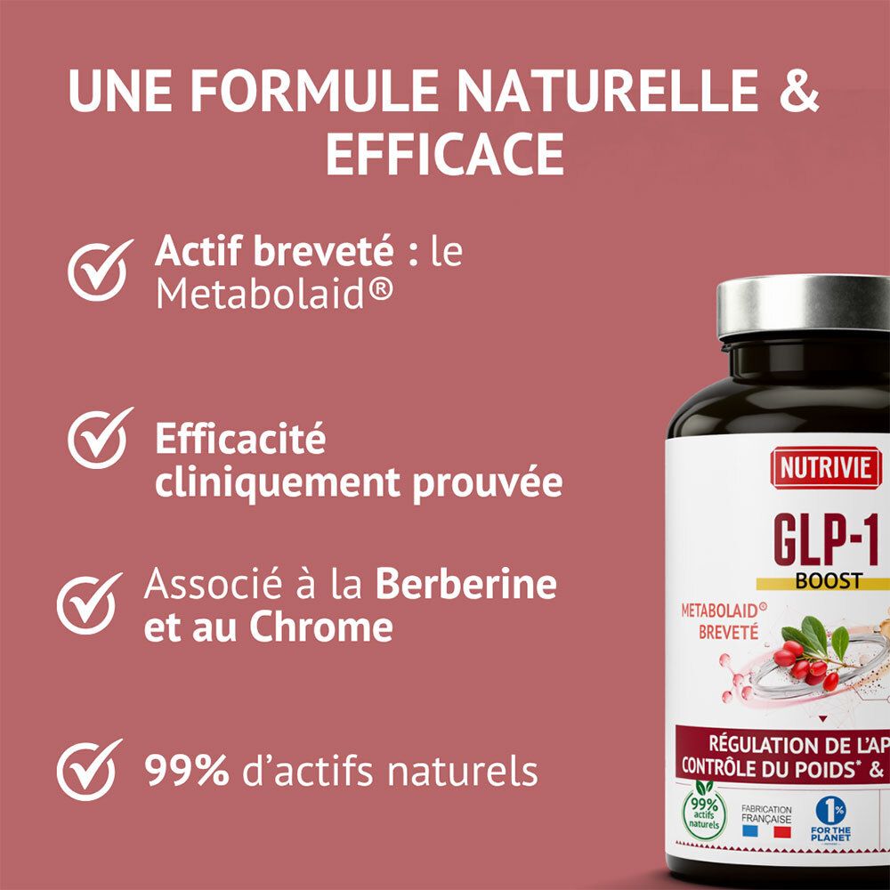 Flacon Nutrivie GLP-1 Boost avec texte sur formule naturelle, actif breveté et efficacité cliniquement prouvée.
