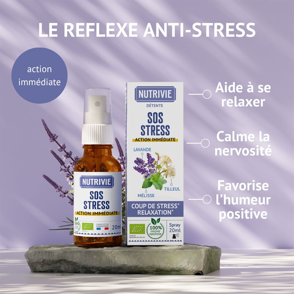 Spray Nutrivie SOS Stress et son emballage, avec herbes et texte.