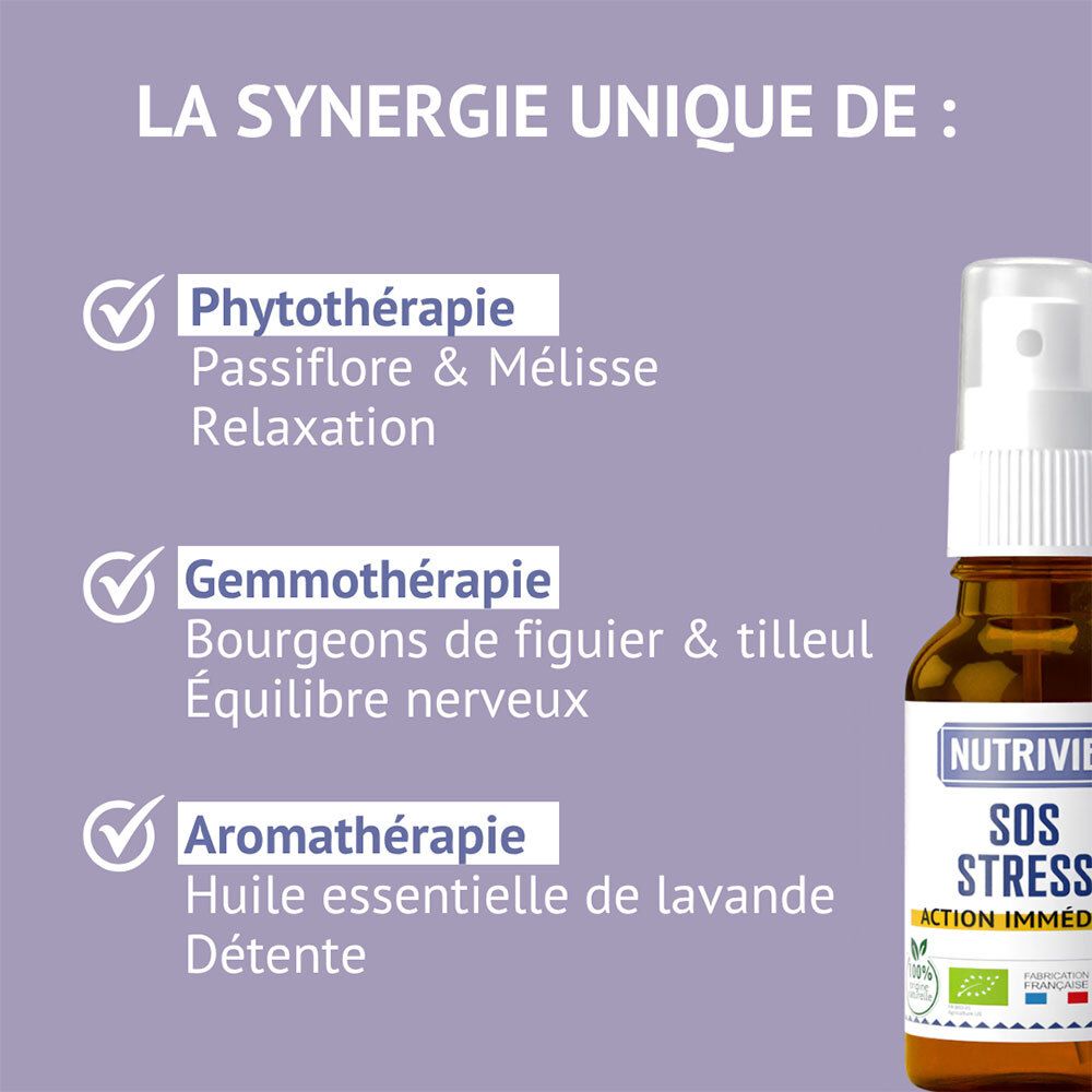 Spray Nutrivie SOS Stress avec herbes et texte sur les ingrédients.