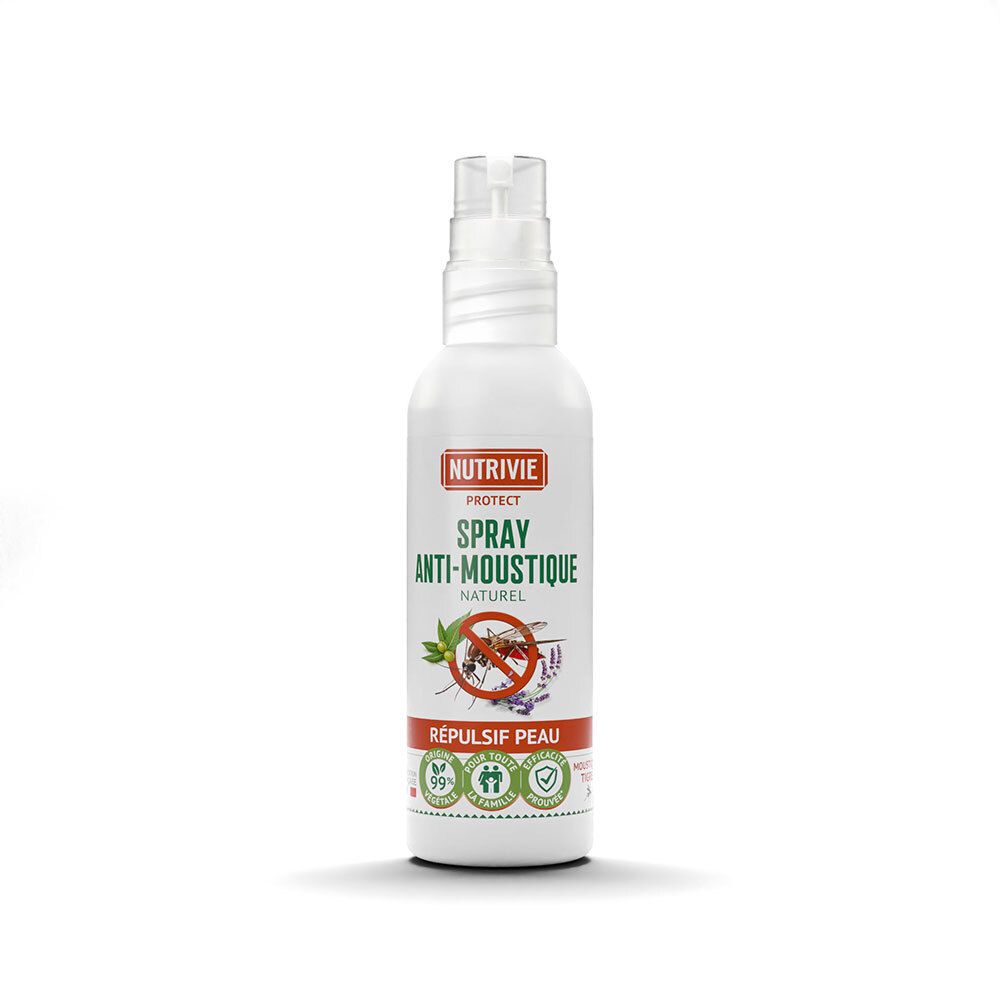 Bouteille Nutrivie Protect Spray Anti-Moustique Naturel avec tête de pompe. Bouteille blanche avec étiquette rouge et verte.