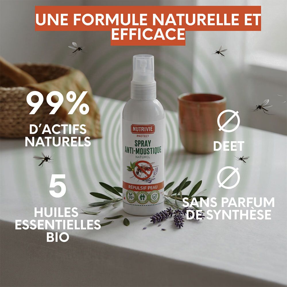 Bouteille Nutrivie Protect Spray Anti-Moustique Naturel avec herbes. Texte souligne 99% d'actifs naturels.