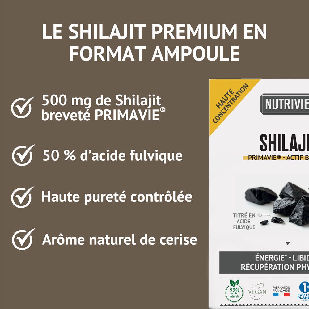 Emballage Nutrivie Shilajit Primavie en ampoules, détaillant les caractéristiques et avantages du produit.