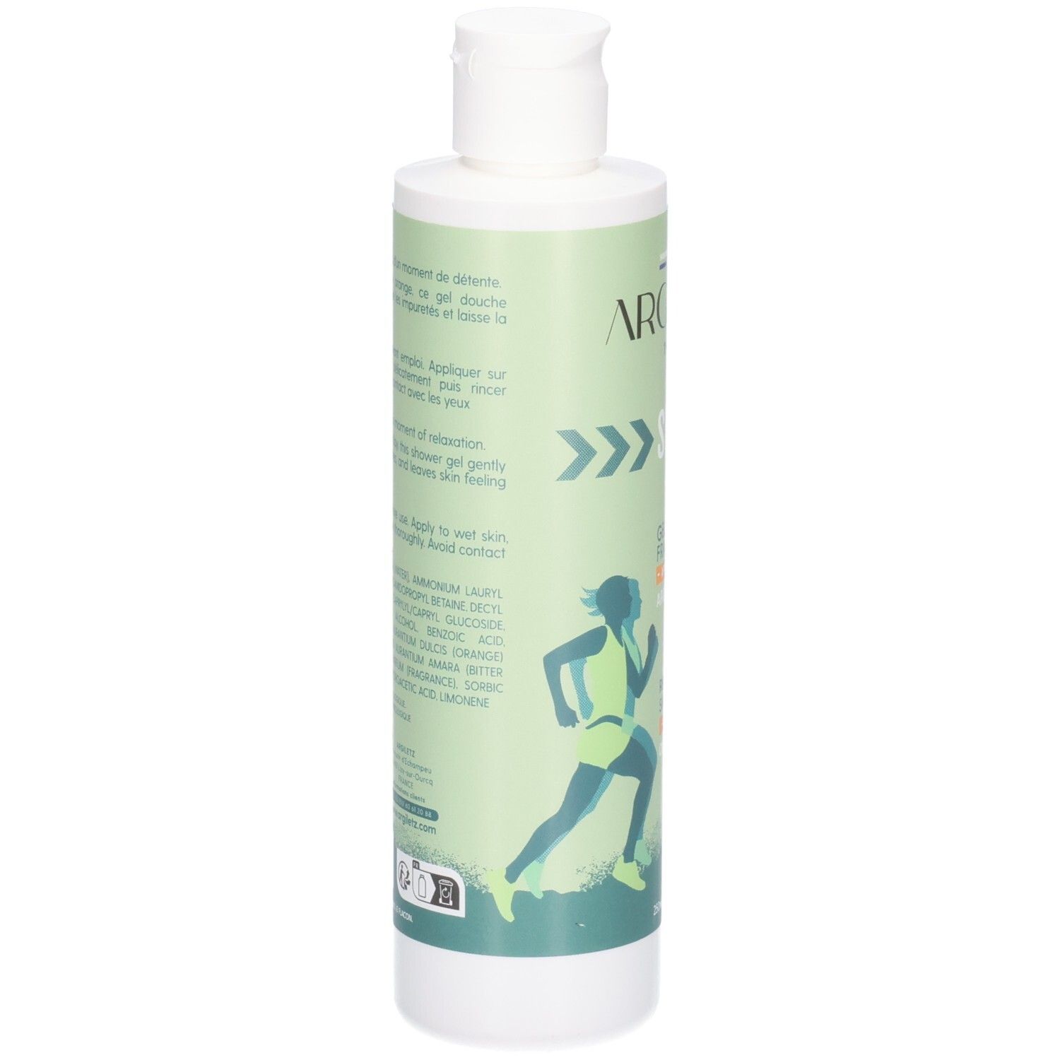Dos Argiletz Sport douche gel avec instructions et ingrédients.