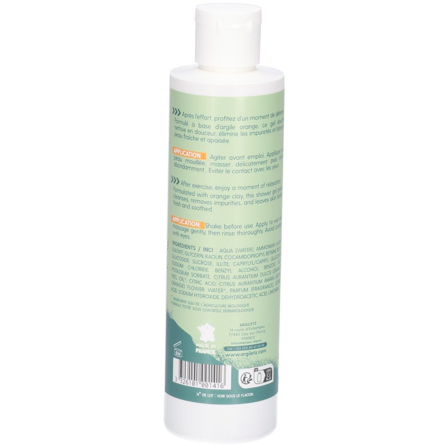 Dos Argiletz Sport douche gel avec instructions et ingrédients.