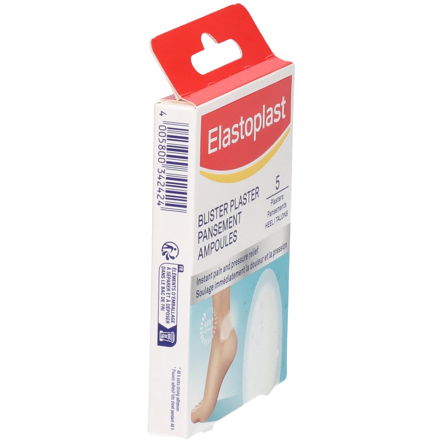 Elastoplast Pansements Ampoules, 5 unités. Dos de l'emballage avec code-barres et informations produit.