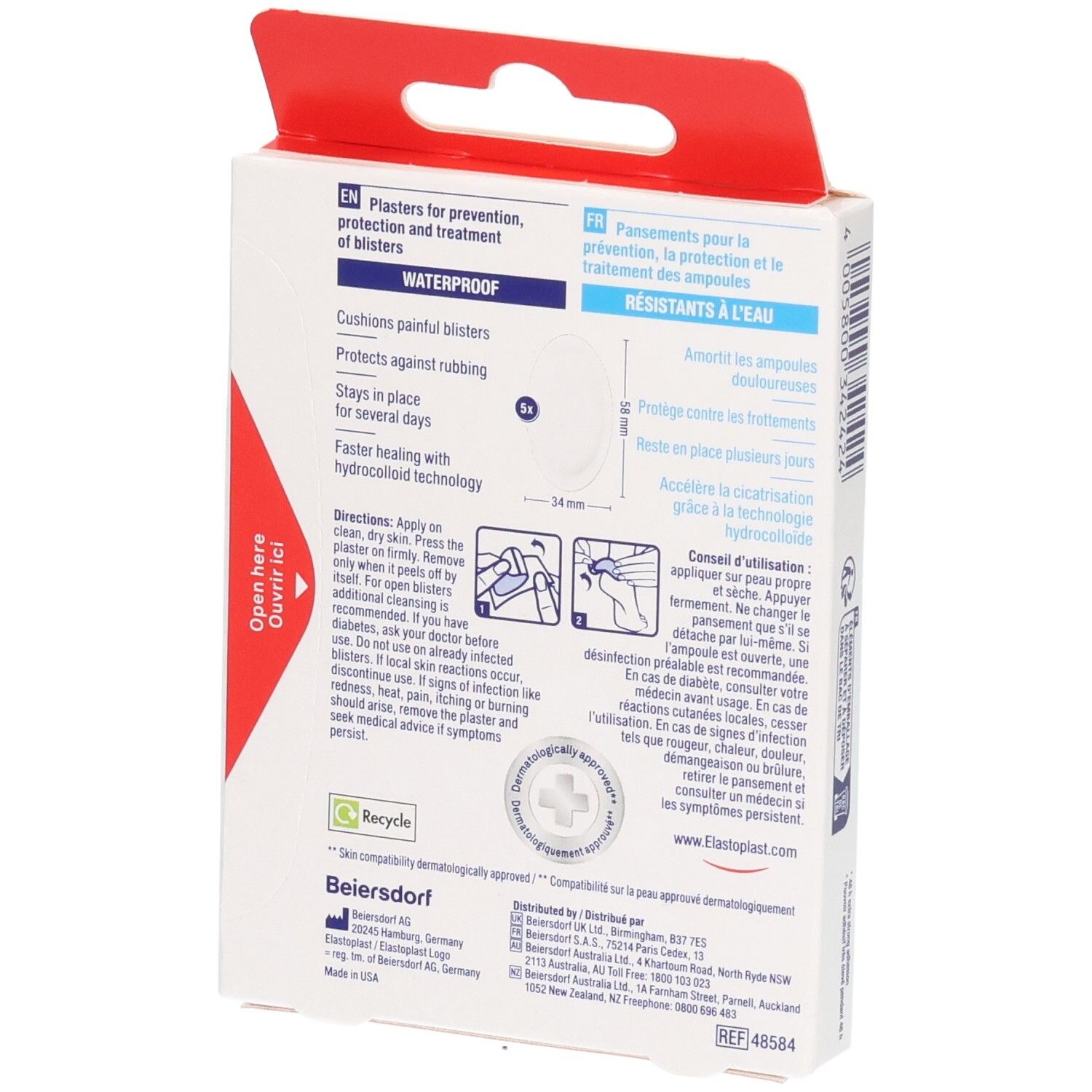 Elastoplast Pansements Ampoules, 5 unités. Dos avec instructions d'utilisation et caractéristiques produit.