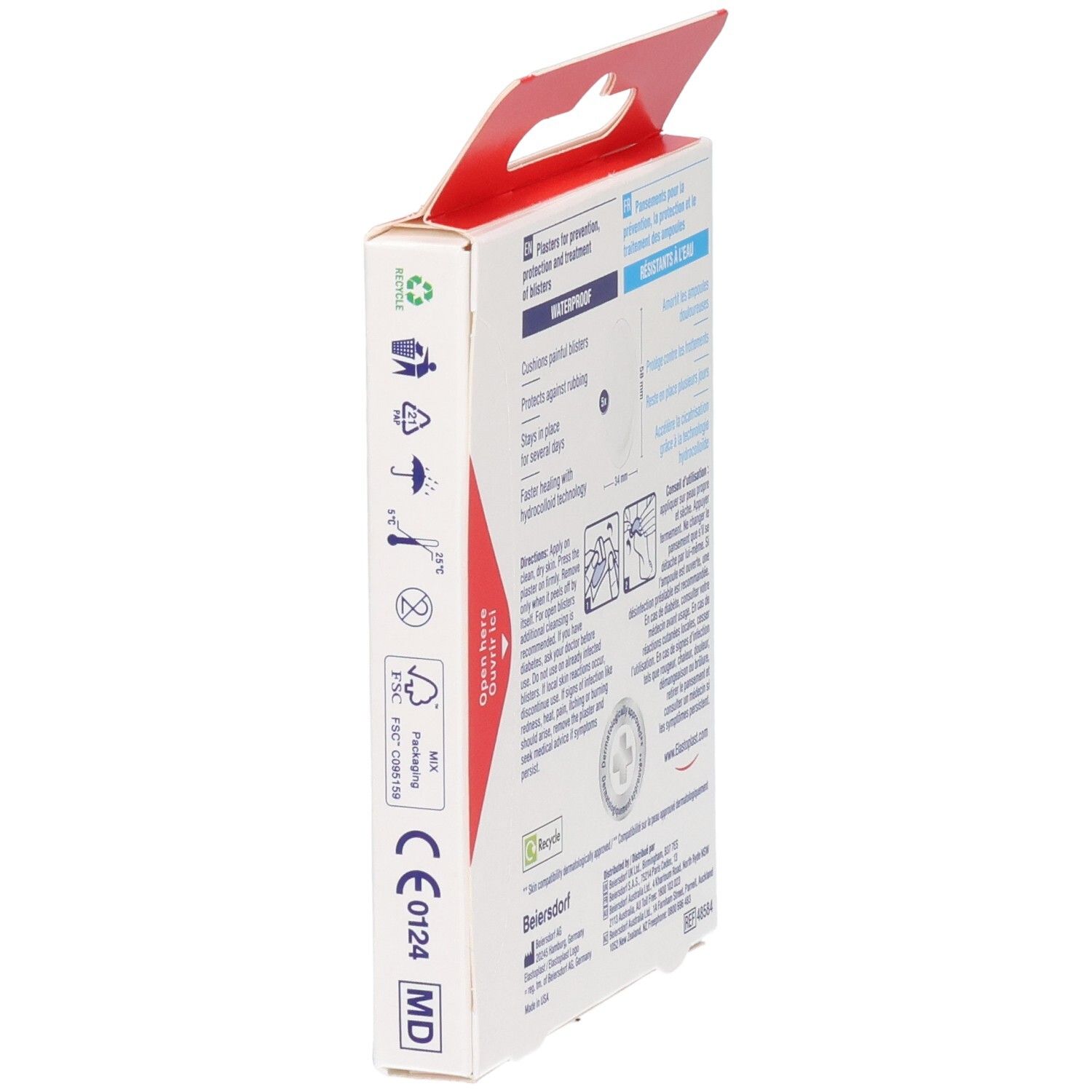 Elastoplast Pansements Ampoules, 5 unités. Côté de l'emballage avec marquage CE et symbole MD.