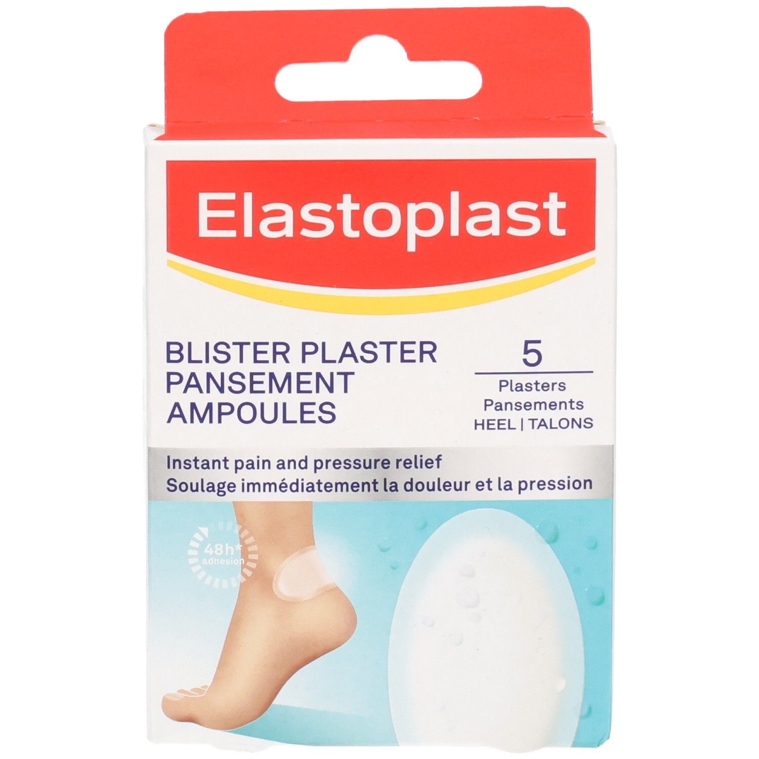 Elastoplast Pansements Ampoules, 5 unités. Façade de l'emballage avec image produit et nom de marque.