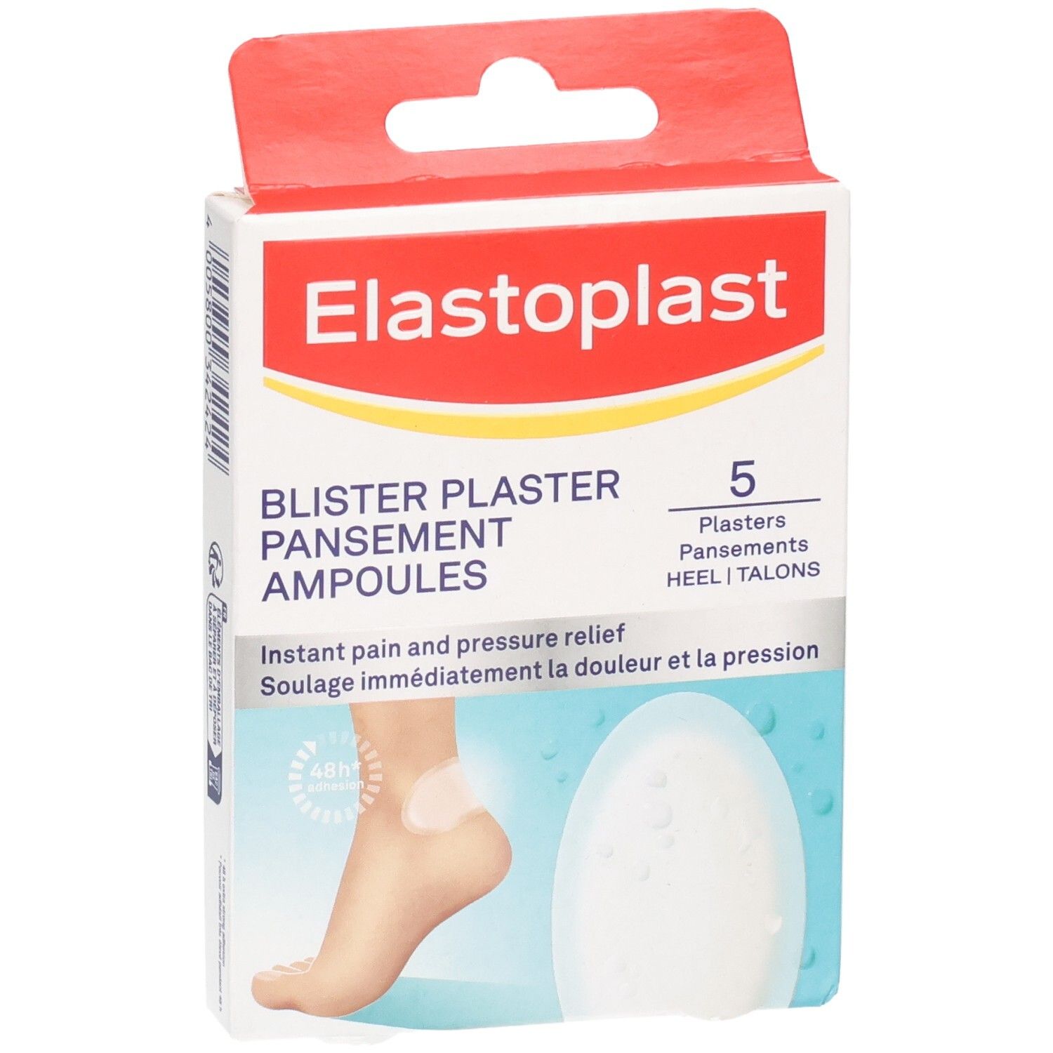 Elastoplast Pansements Ampoules, 5 unités. Façade de l'emballage avec image produit et nom de marque.