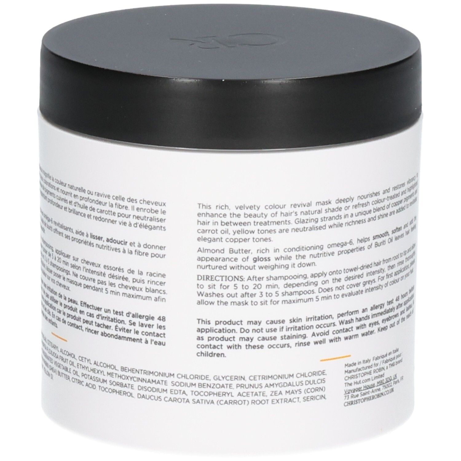 Vue latérale du Masque Nuanceur de Couleur Christophe Robin avec ingrédients.