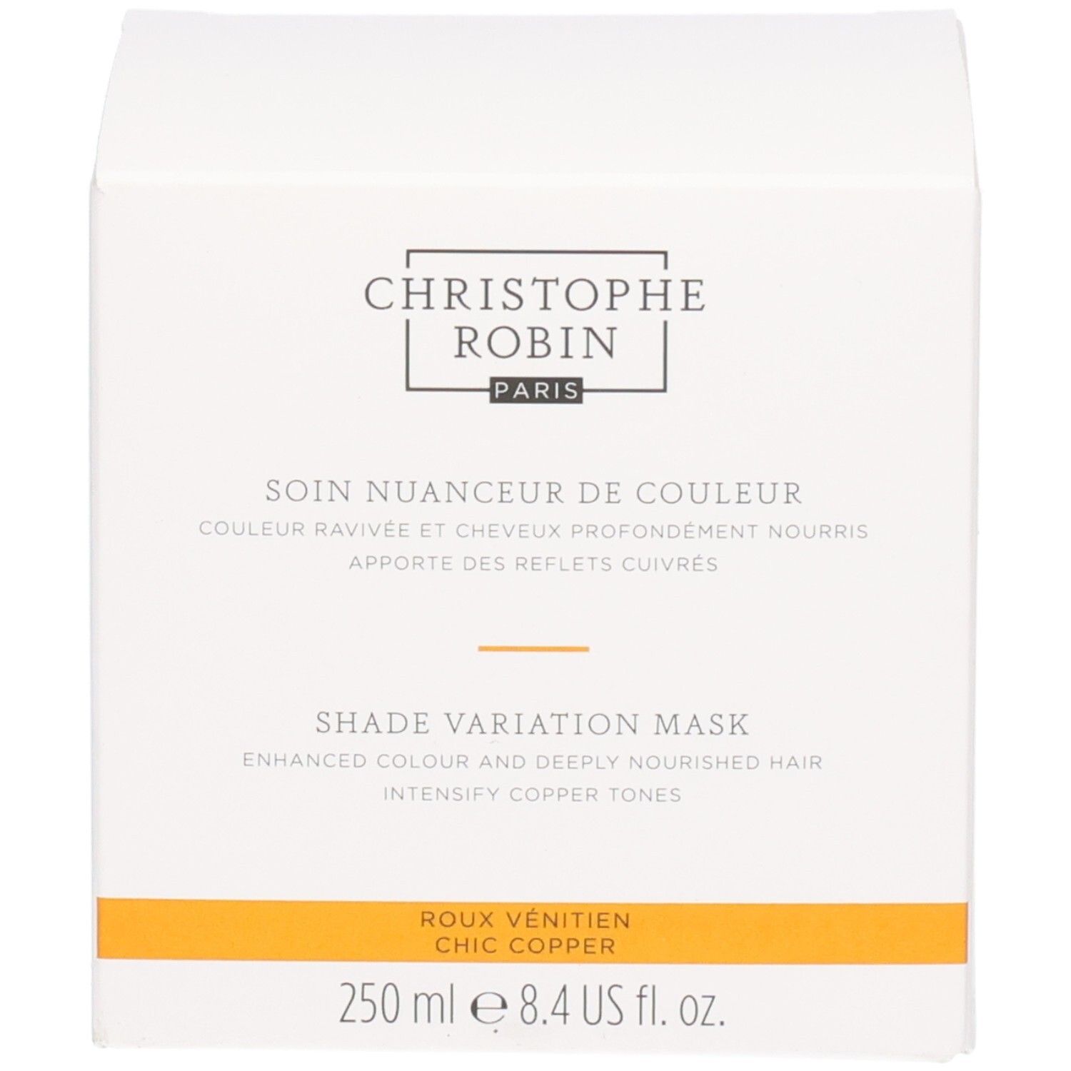 Emballage du Masque Nuanceur de Couleur Christophe Robin, 250 ml, pour tons cuivrés.