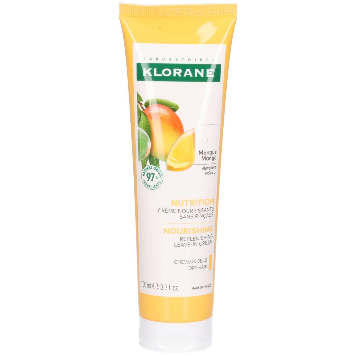 Tube jaune avec illustration et texte. Inscriptions: Klorane, mangue, 97% ingrédients d'origine naturelle. Crème nourrissante.