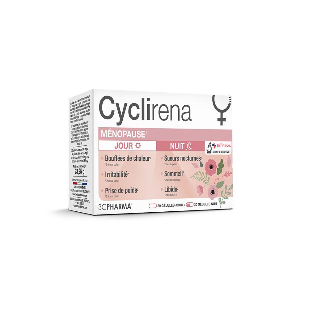 Emballage de gélules jour et nuit 3C Pharma Cyclirena Ménopause.