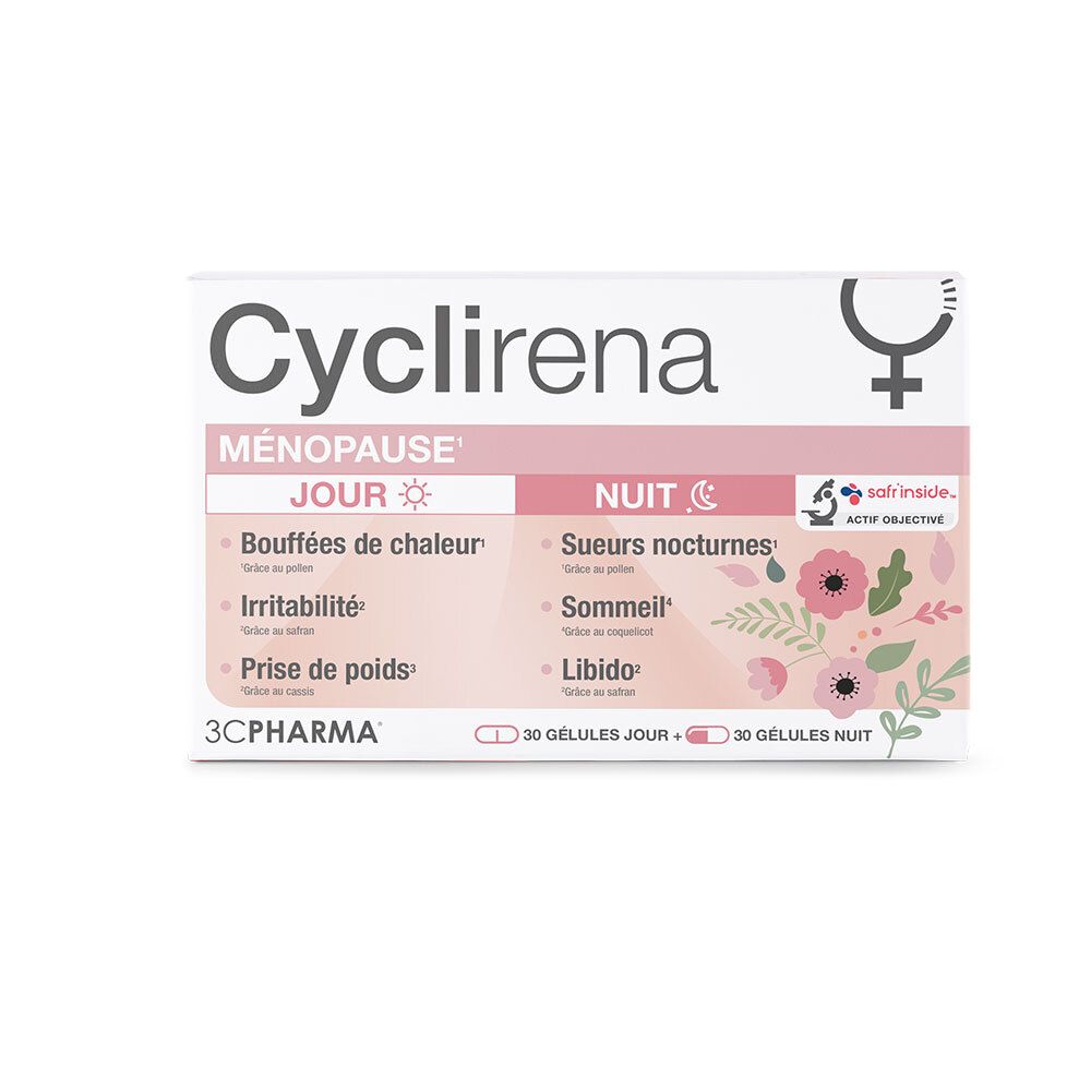 Emballage 3C Pharma Cyclirena Ménopause, gélules jour/nuit, design floral.