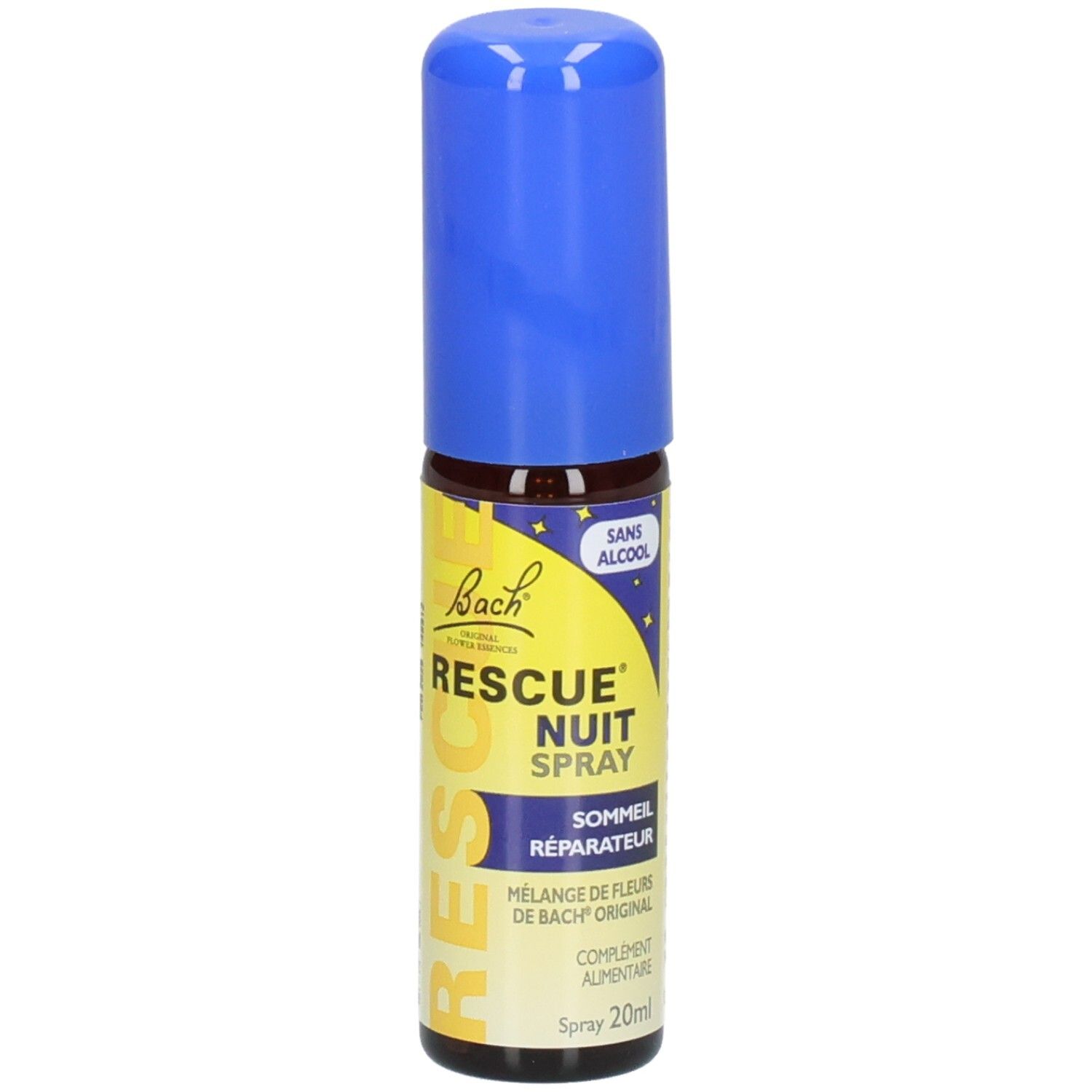 Flacon spray bleu et blanc. Inscription: RESCUE NUIT SPRAY, SOMMEIL RÉPARATEUR. Sans alcool. Bach Original.