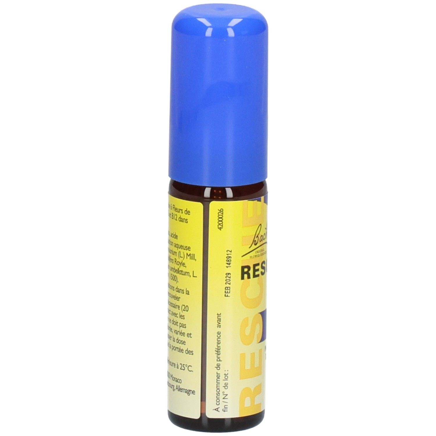 Flacon spray marron avec bouchon bleu. Inscription: RESCUE. Étiquette jaune avec texte. Bach Original.