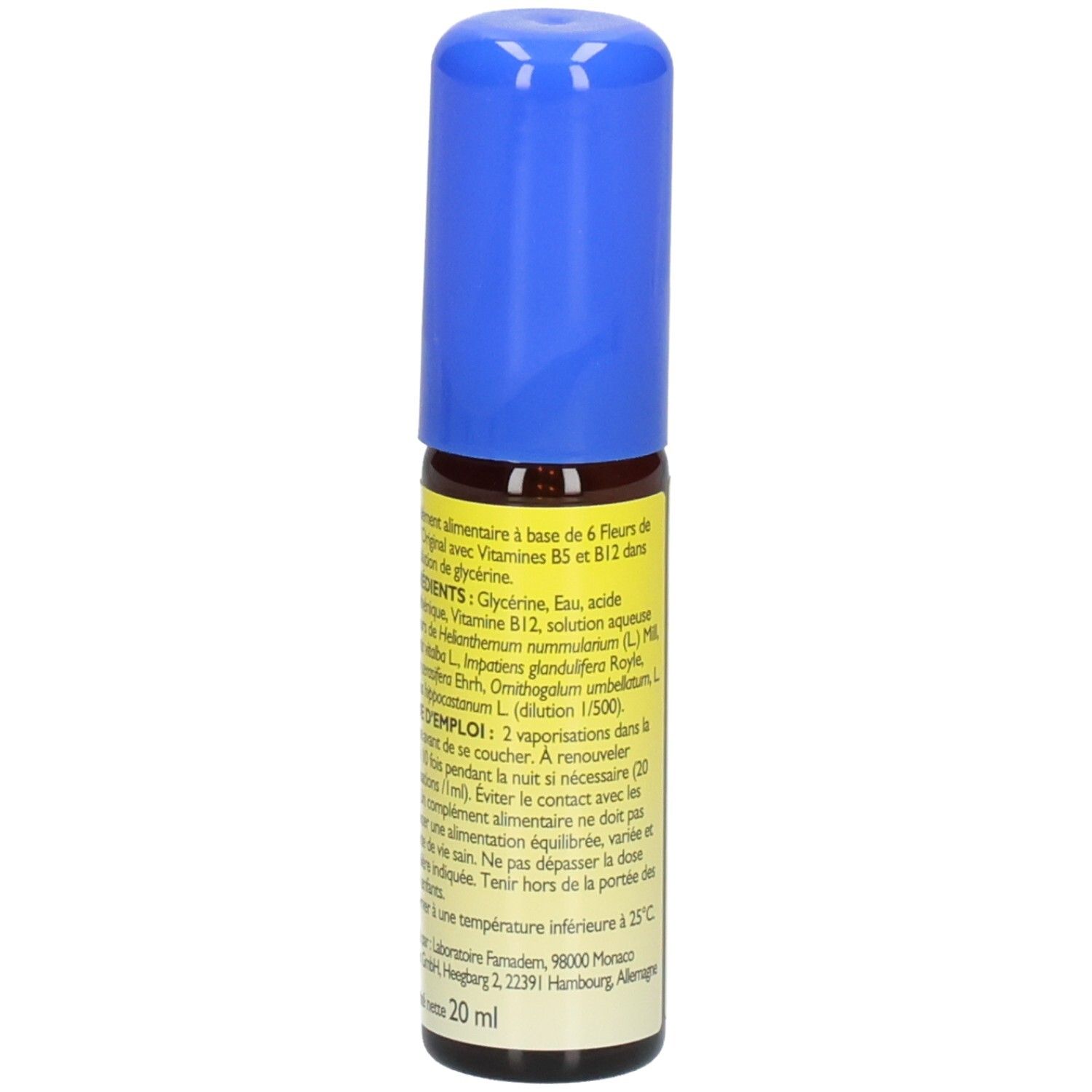 Flacon spray marron avec bouchon bleu. Étiquette jaune avec texte. Bach Original. Ingrédients et mode d'emploi.