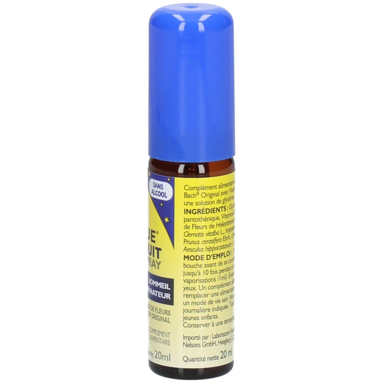 Flacon spray marron avec bouchon bleu. Étiquette jaune avec texte. Bach Original. Sans alcool.
