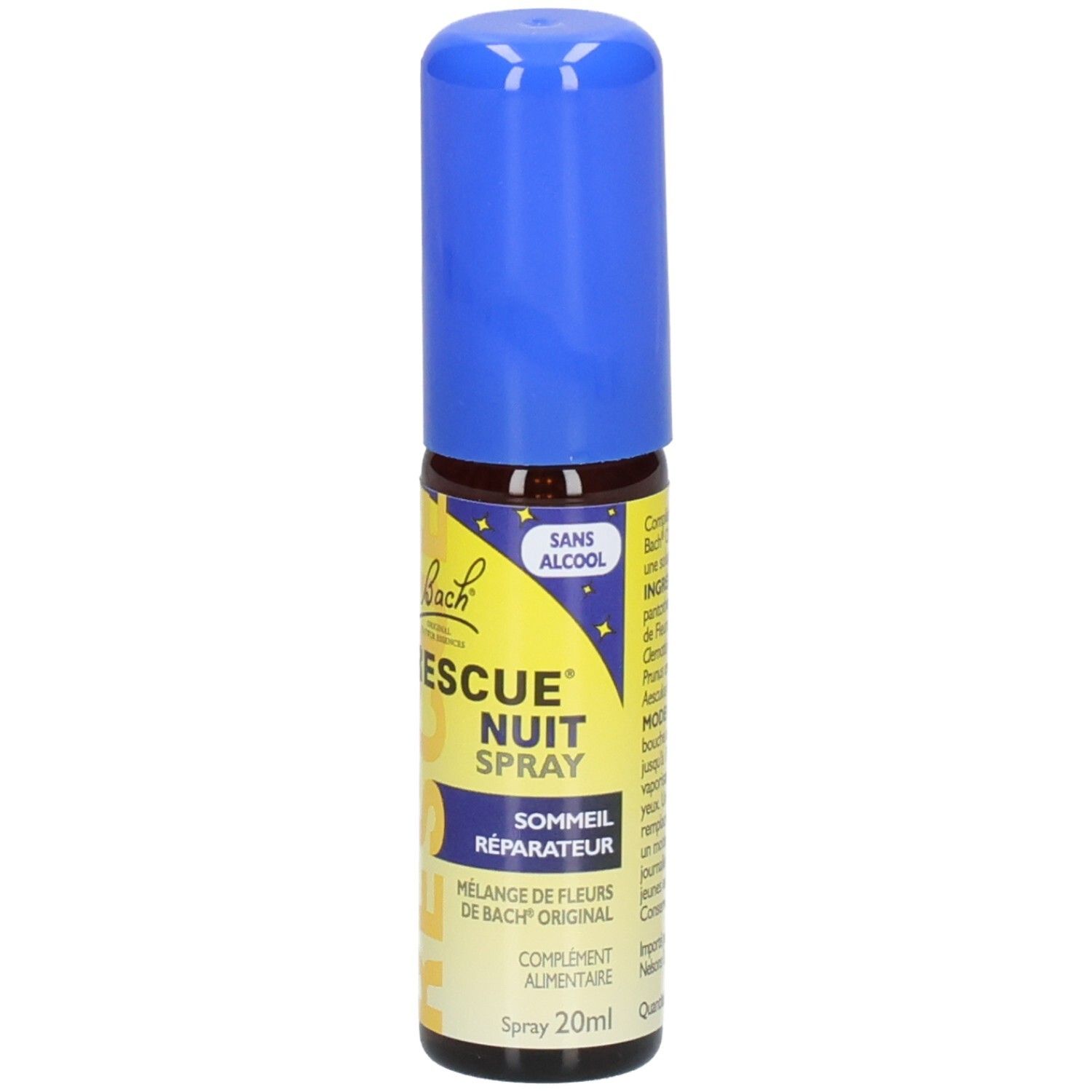 Flacon spray marron avec bouchon bleu. Inscription: RESCUE NUIT SPRAY, SOMMEIL RÉPARATEUR. Bach Original.