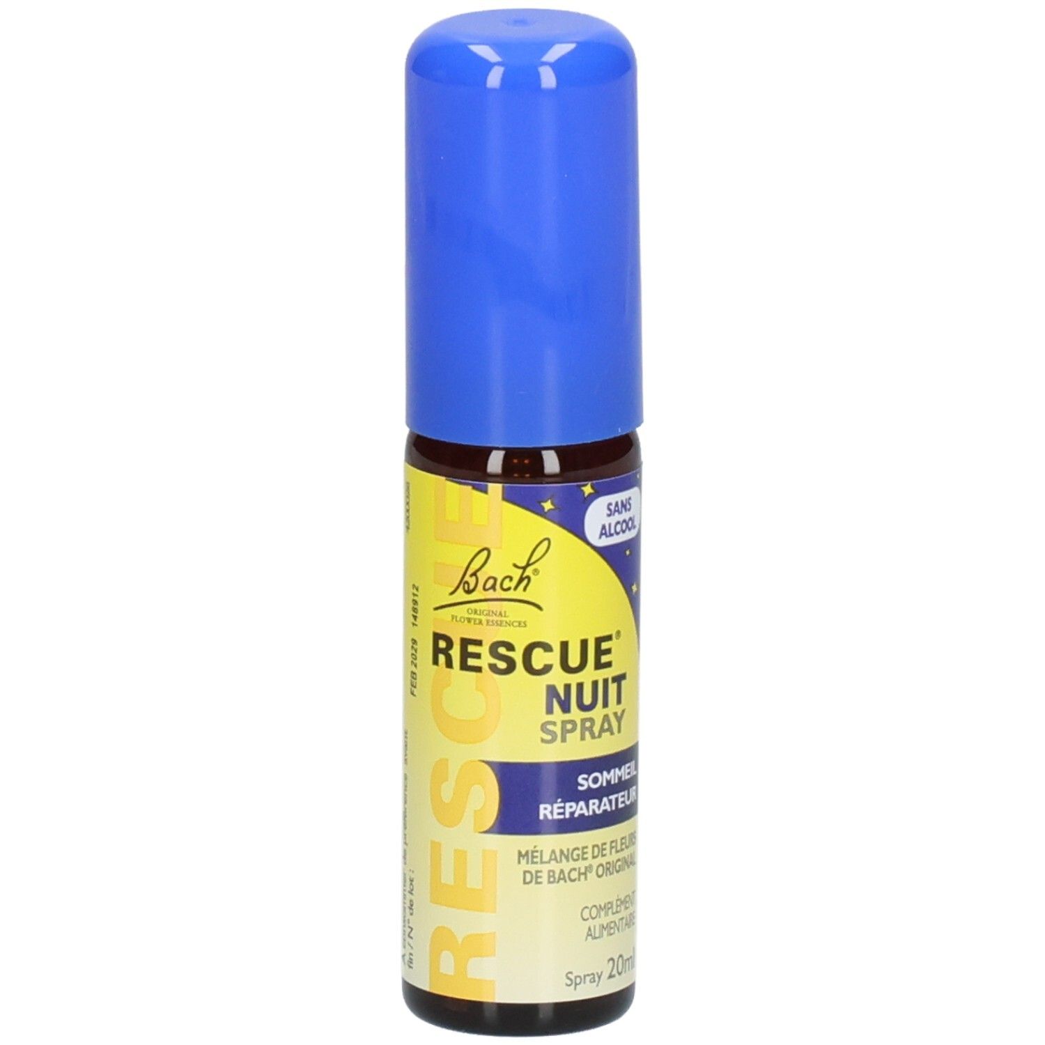 Flacon spray marron avec bouchon bleu. Inscription: RESCUE NUIT SPRAY, SOMMEIL RÉPARATEUR. Bach Original.