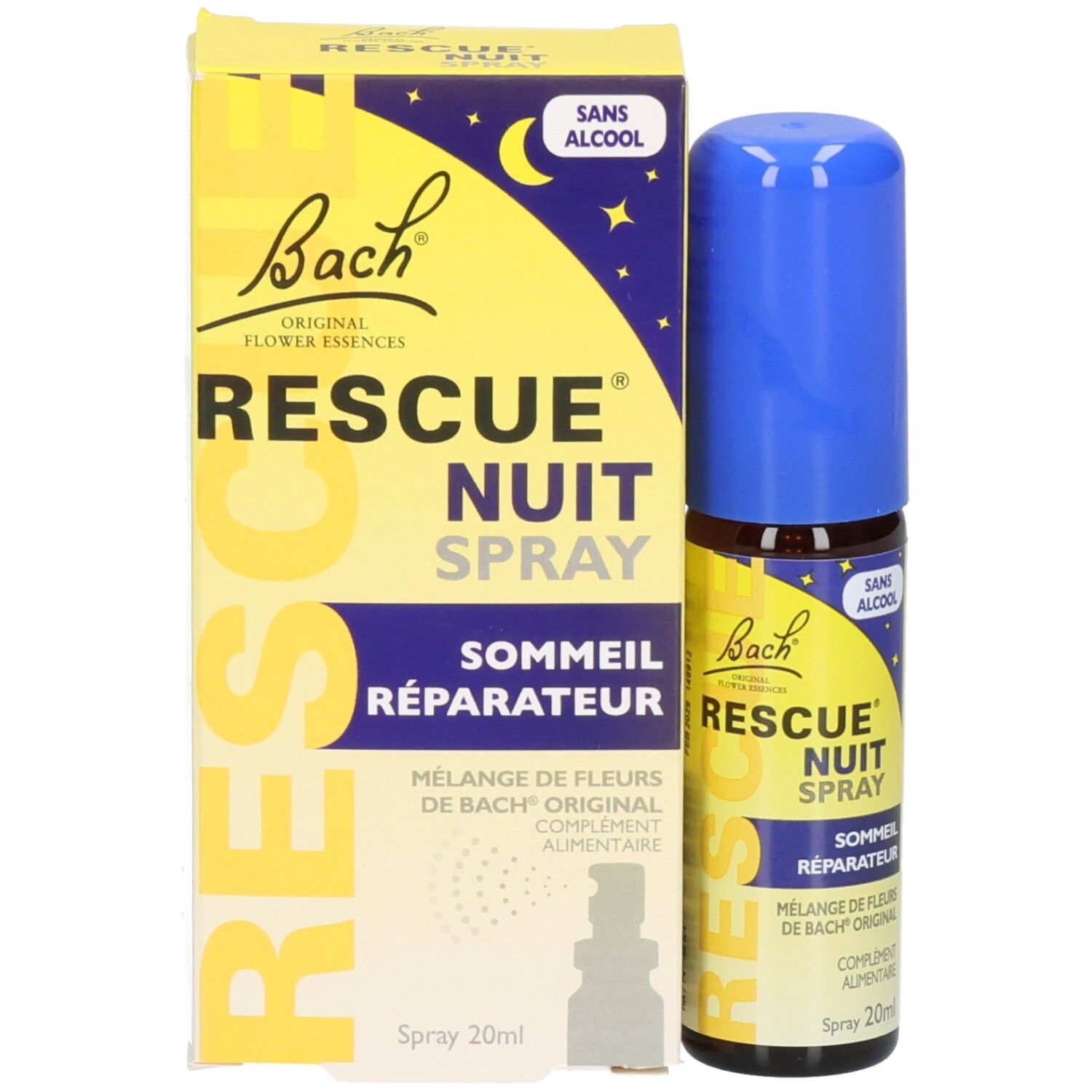 Produit et emballage. Boîte jaune avec flacon spray. Inscription: RESCUE NUIT SPRAY, SOMMEIL RÉPARATEUR. Bach.