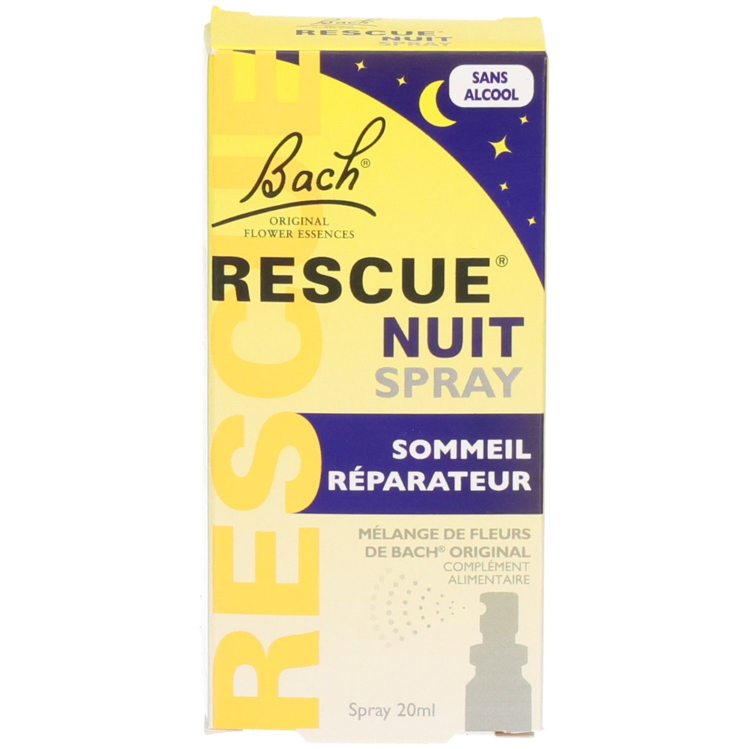Emballage jaune avec texte. Inscription: RESCUE NUIT SPRAY, SOMMEIL RÉPARATEUR. Bach Original. Sans alcool.
