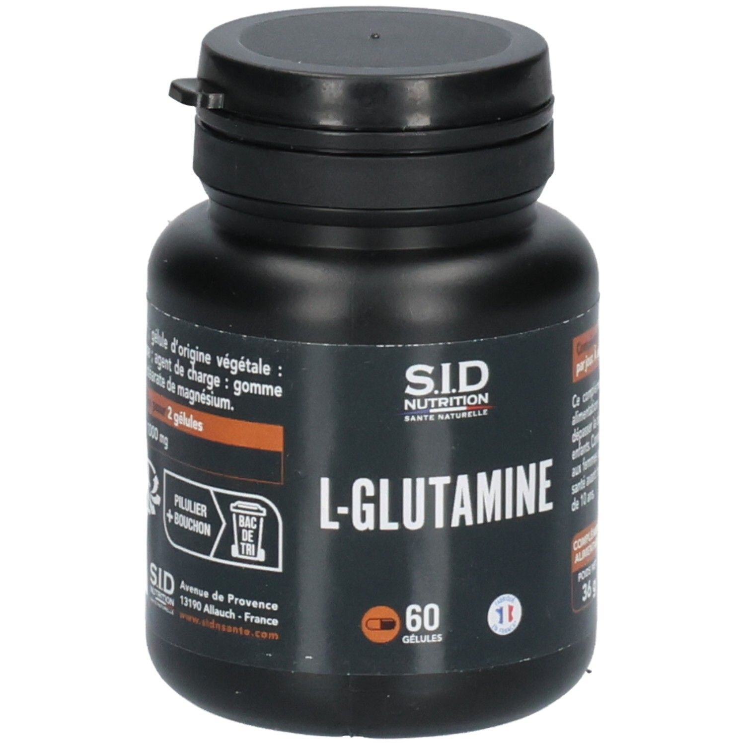 Flacon noir contenant des gélules de L-Glutamine, 60 unités.