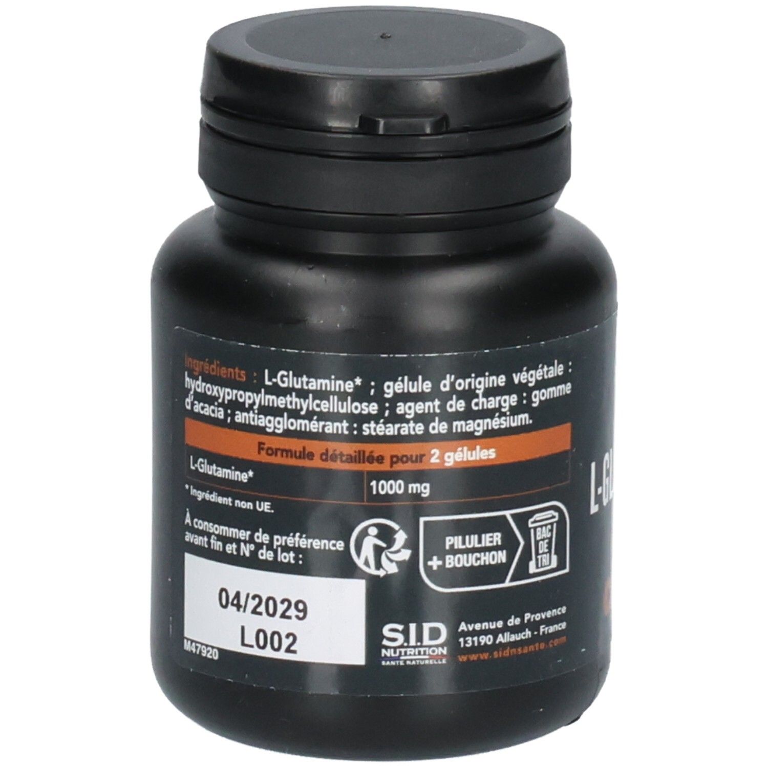 Arrière d'un flacon de L-Glutamine avec liste d'ingrédients et date de péremption.
