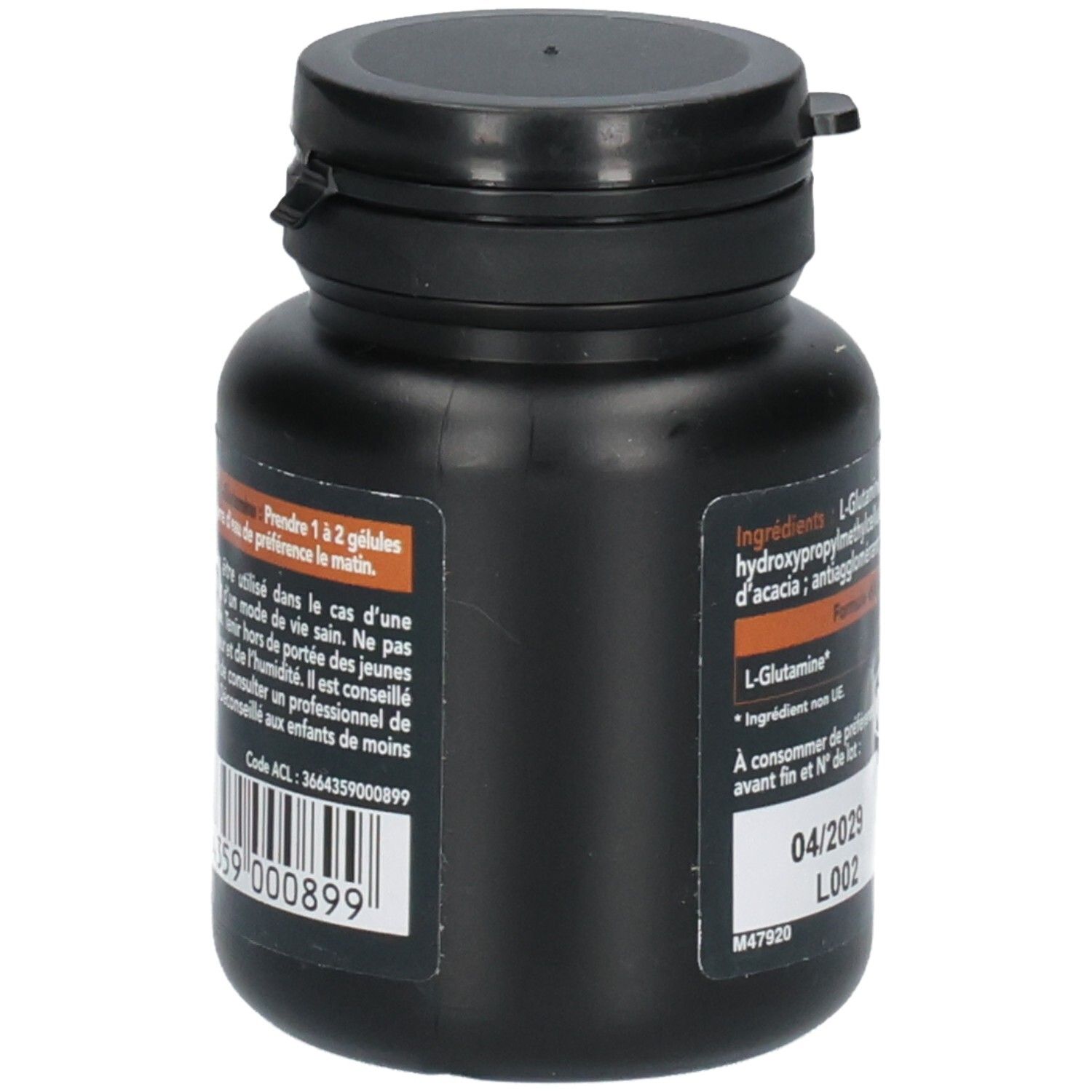 Côté d'un flacon de L-Glutamine avec code-barres et informations produit.