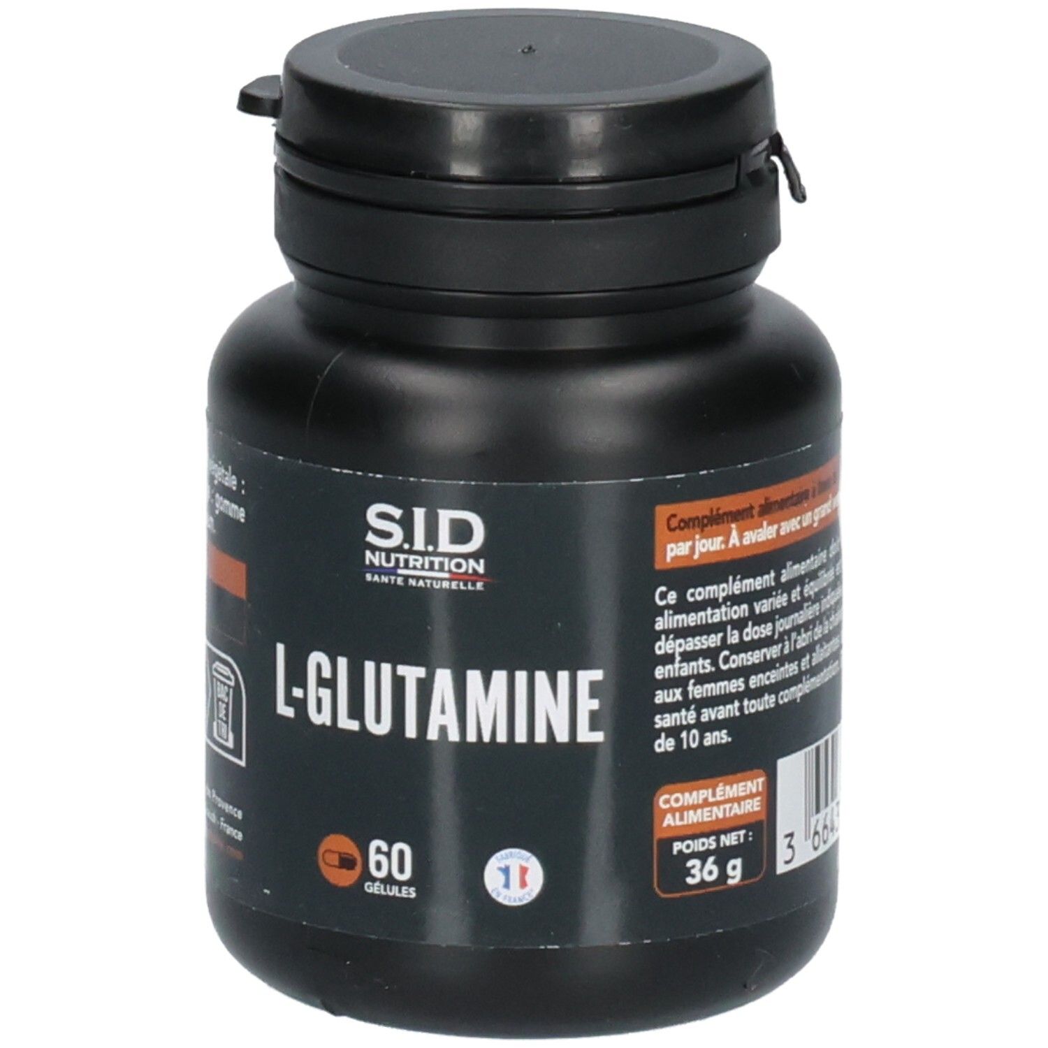 Avant d'un flacon de L-Glutamine, 60 gélules et poids net 36g.